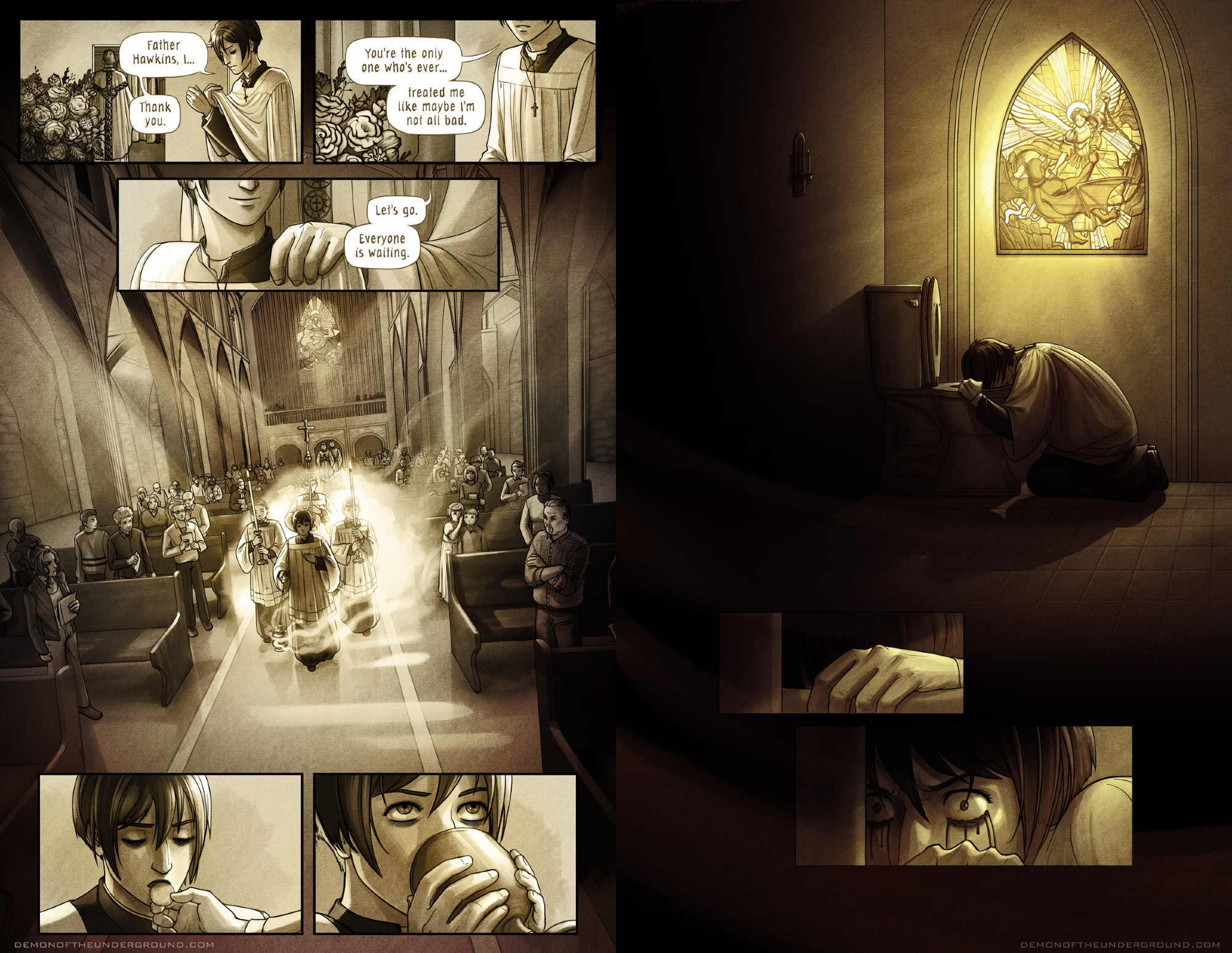 A two-page spread from the webcomic Demon of the Underground, showing a flashback in sepia and yellow tones. Young Pogo puts on an alter boy's vestments. As he dresses, he says to a priest in the background, "Father Hawkins, I... Thank you. You're the only one who's ever... treated me like maybe I'm not all bad." The priest, whose face isn't shown, sets his hand on Pogo's shoulder and says, "Let's go. Everyone is waiting." Pogo walks between two rows of pews with other altar servers, swinging a thurible of incense. In the next panel, a wafer is placed in his mouth, then he sips from a chalice. On the next page, in a dark bathroom, he vomits into the toilet. Golden light radiates from a stained glass window showing an angel stabbing a demon. Pogo's hand grips the edge of the toilet. He raises his head, black liquid oozing from his eyes.