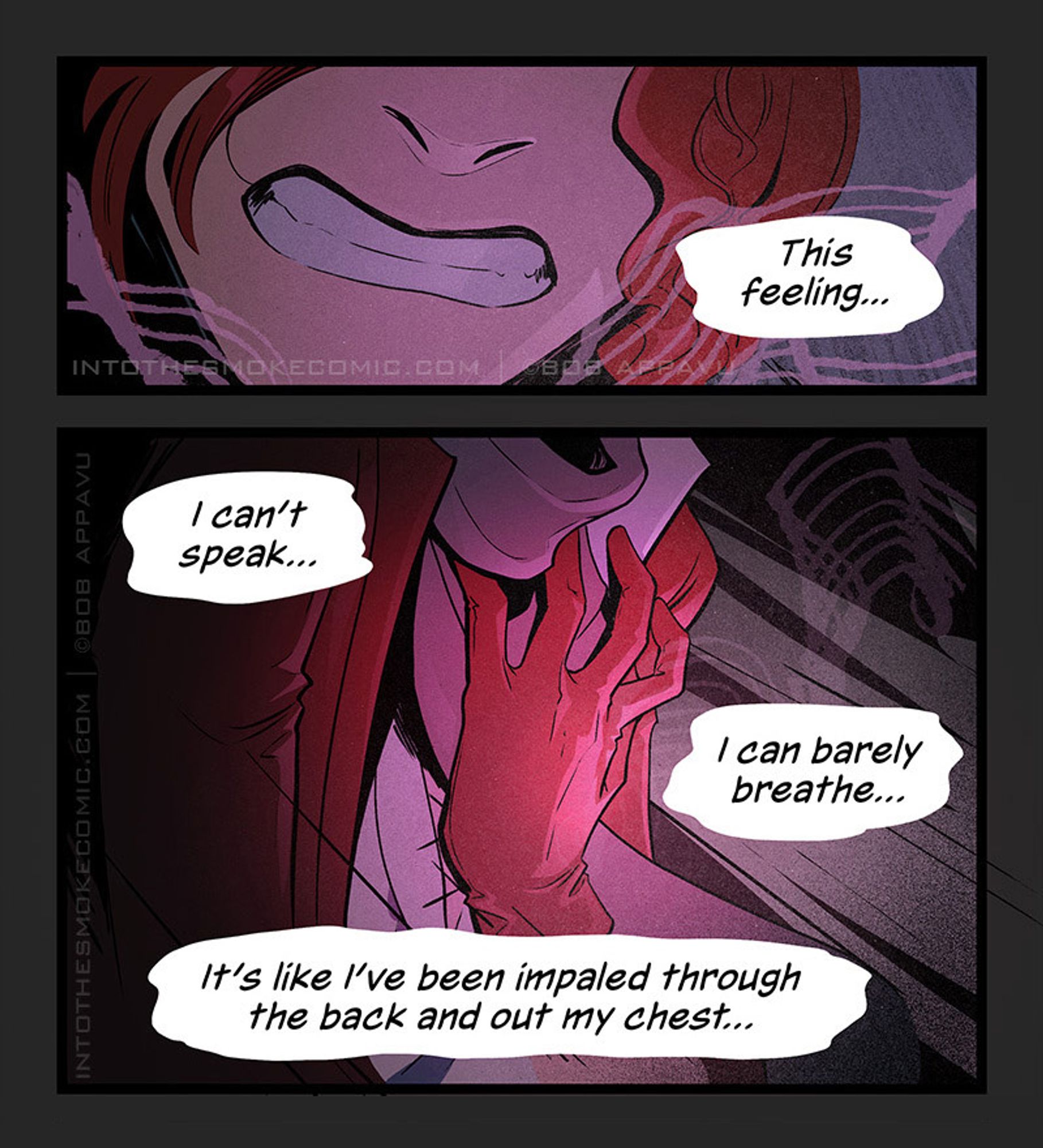 Two comic panels. Panel 1: A red-haired person grits his teeth as swirls of energy flow around him. Narration reads, "This feeling..." Panel 2: The person holds a gloved hand to his chest, his fingers tense and splayed. Narration reads, "I can't speak... I can barely breathe... It's like I've been impaled through the back and out my chest..."