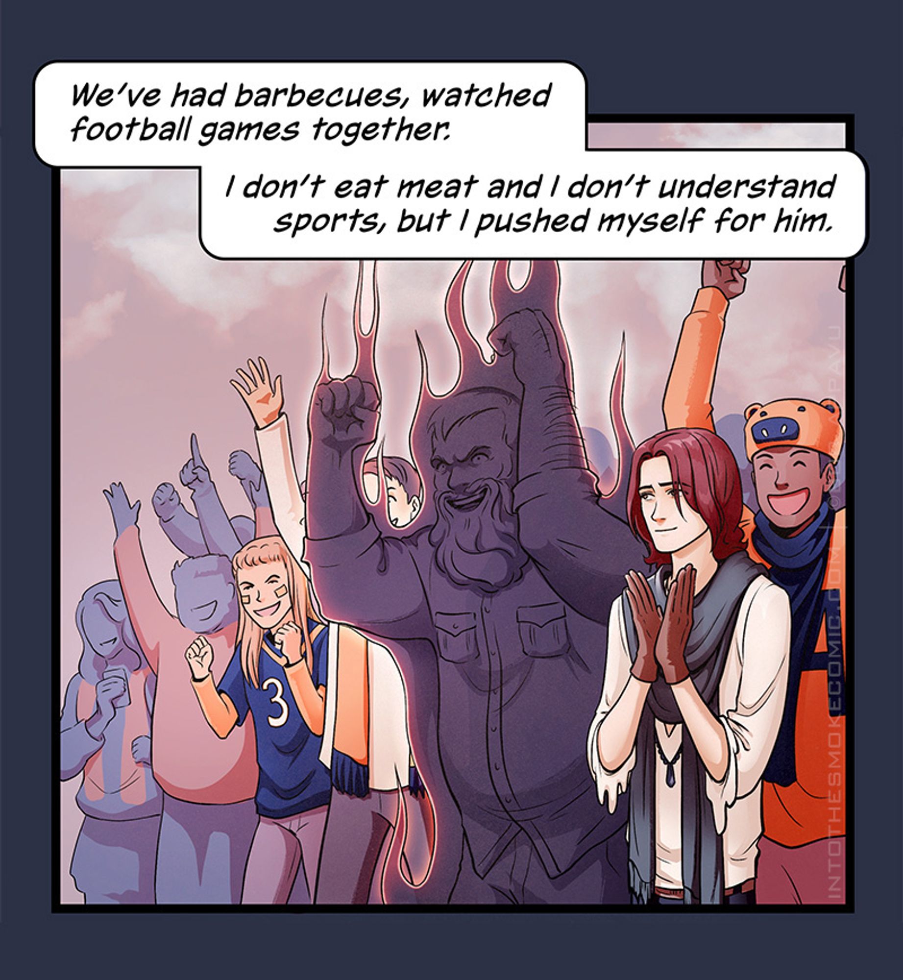 A comic panel. An androgynous man with shoulder-length red hair stands beside a large, burly ghost amid a crowd of rowdy, cheering football fans. The redhead claps primly as the ghost cheers beside him. Narration reads, “We’ve had barbecues, watched football games together. I don’t eat meat and I don’t understand sports, but I pushed myself for him.”