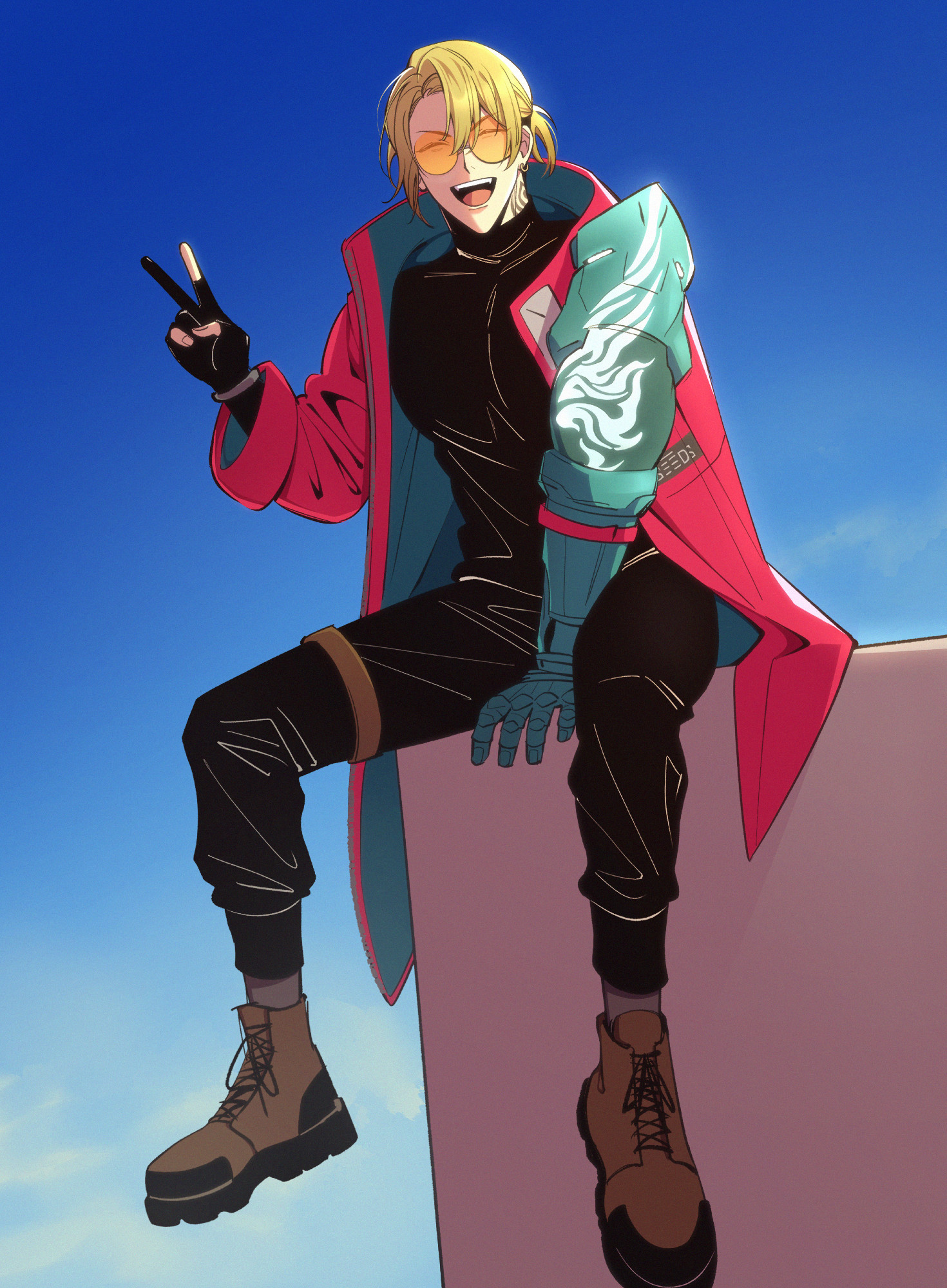 Luca Kaneshiro dressed in Vash's clothes. He is sitting on top of a building and smiling at the viewer while making a peace sign. His hair is tied into a small ponytail. His prosthetic arm has glowing panels in the shape of his arm tattoo.