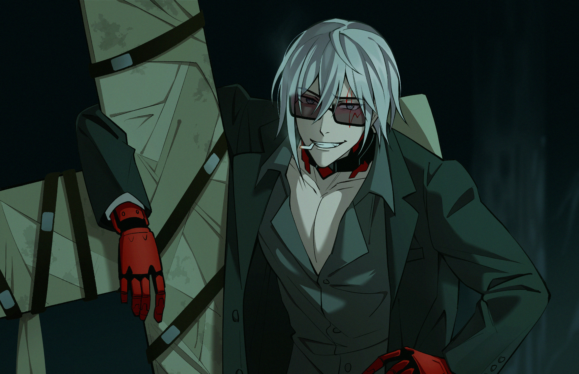 Fulgur Ovid dressed in Wolfwood's clothes. He smiles smugly with a cigarette in his mouth. His left hand rests on his hip while his right arm is draped over the Punisher. The background is the inside of the giant Wam from Episode 4.