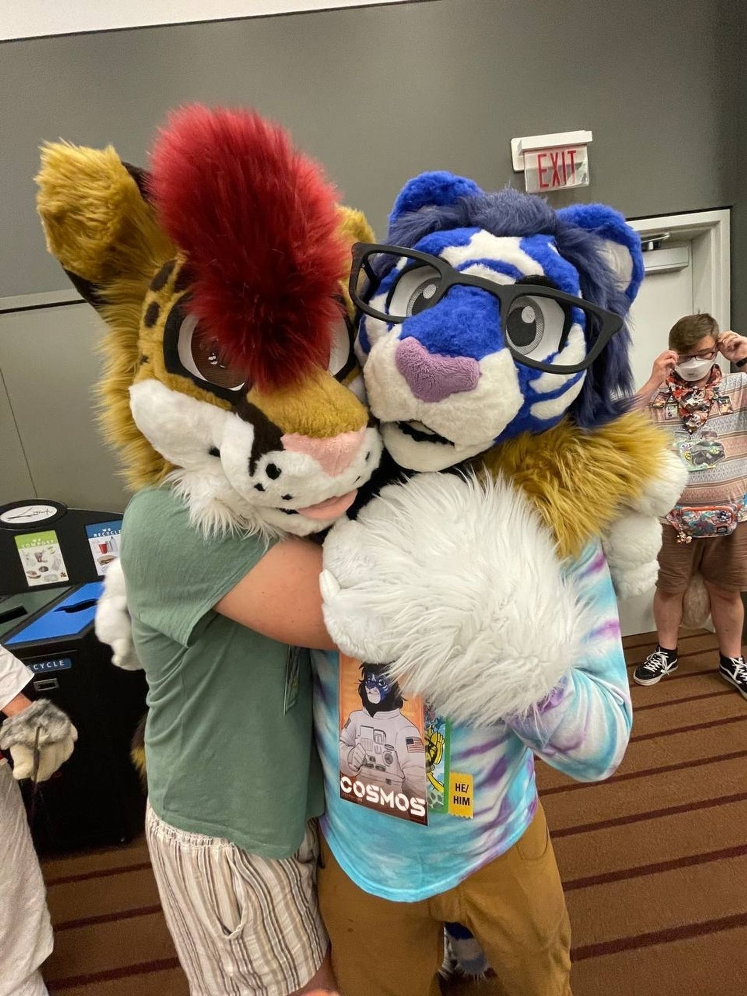 Rainstar and Cosmos huggin in partial fursuit.