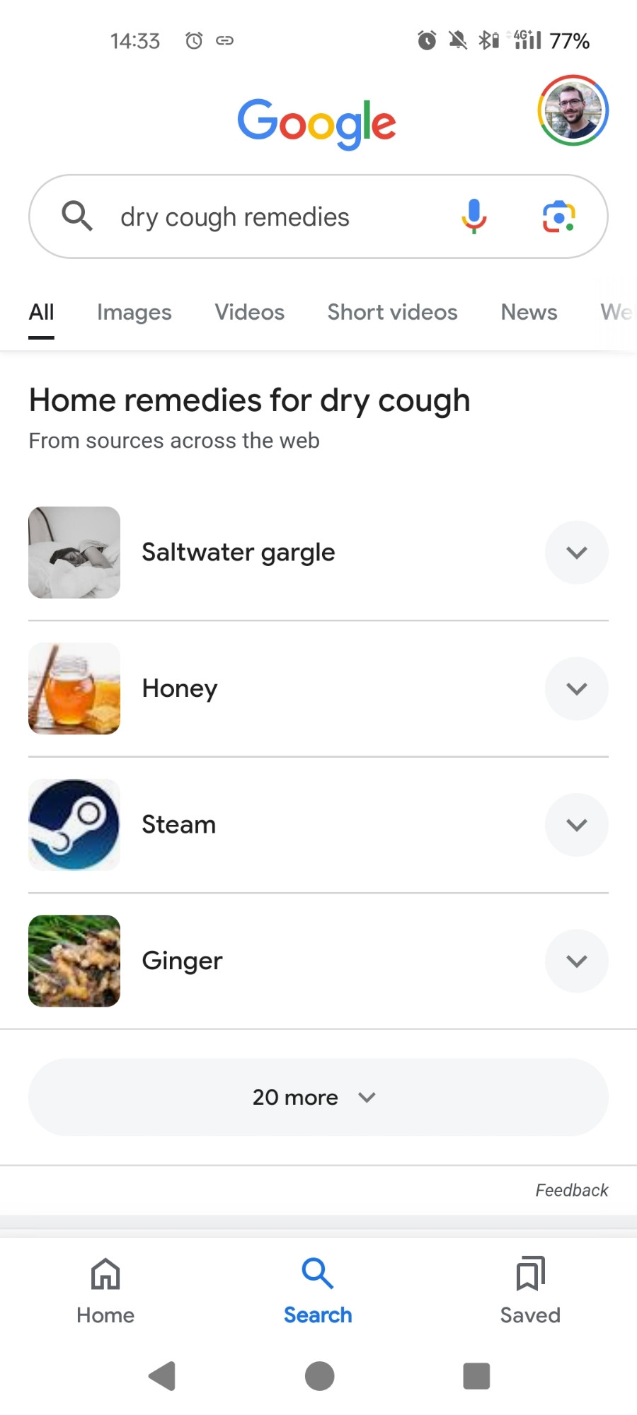 Google results for "dry cough remedies", the list includes saltwater gargle, honey, and steam with the steam gaming app icon next to it. 