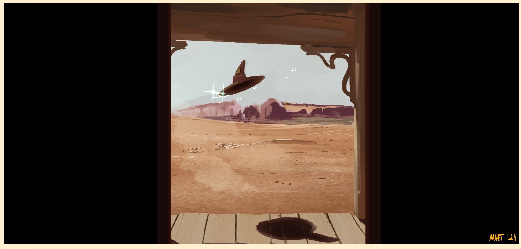 A repaint from an older western, I don't remember which one. It's from a door looking out on a porch and then further out into a desert, a rock wall in the distance. There is a magical pointed witch hat that's vaguely Western-y floating in the air surrounded by magical sparkles.