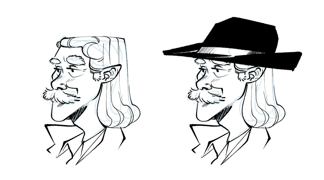 Digital line work of a wild west elf who is modeled off of Wild Bill Hickock. His hair is bobbed at shoulder length, he has high cheekbones, and fluffy mustache and eyebrows. A second version has him in a black hat.