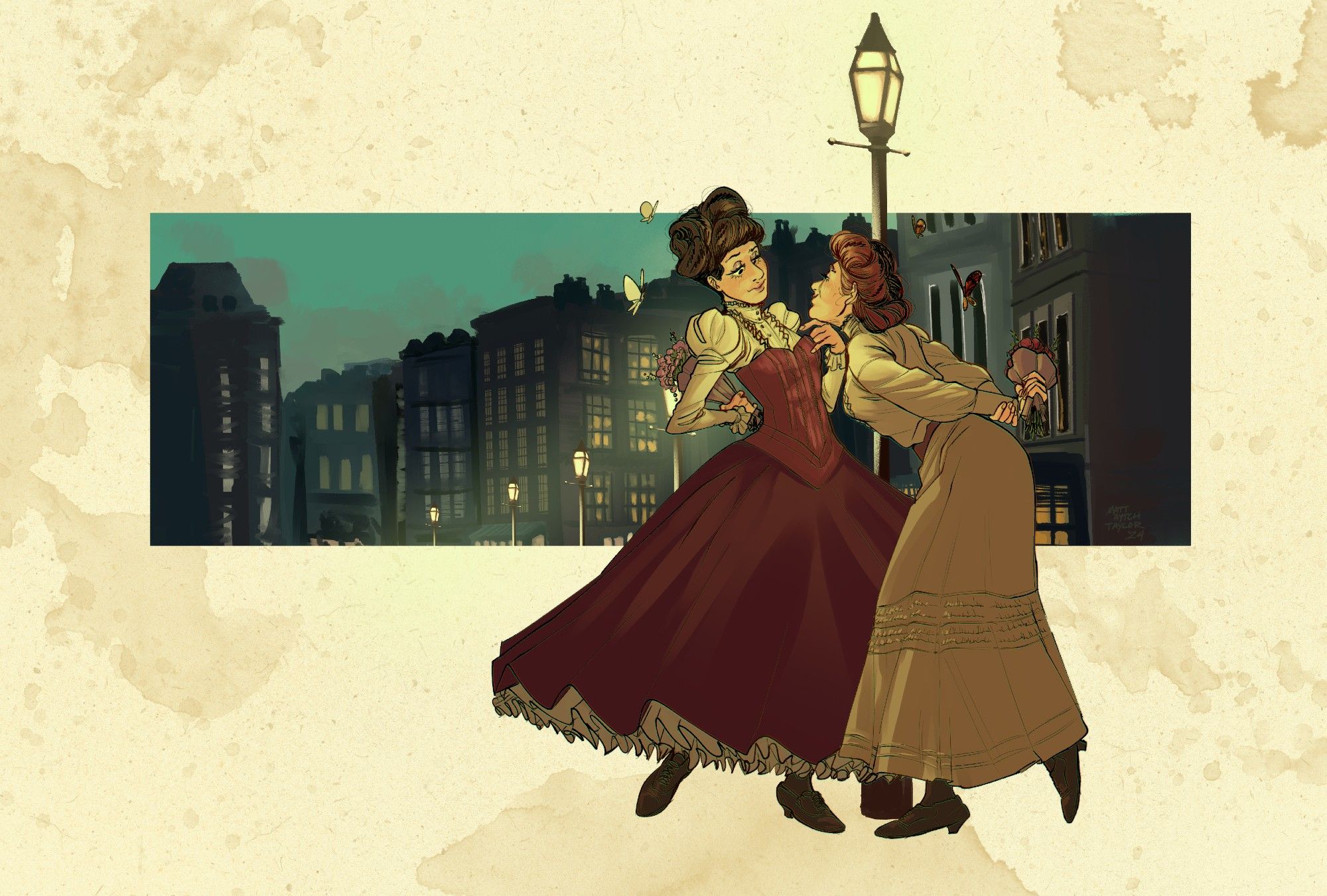 Two Edwardian Era Girls, staring at one another under the lights of the London gaslamps, each wearing different styles of dress, and each hiding bouquets of flowers behind their backs.