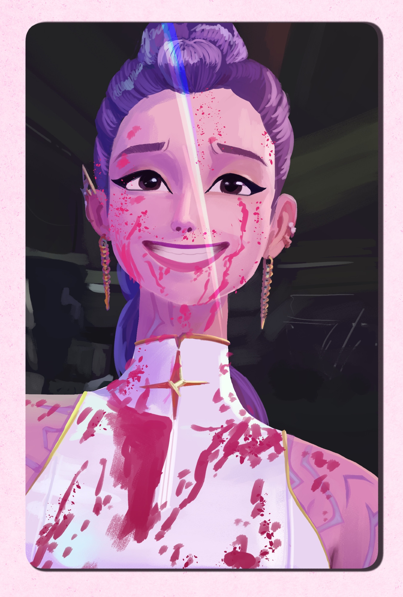 A small painted portrait of Rumi, from Kpop Demon Hunters. She is in her finale "What It Sounds Like" fit and covered in, presumably, demon blood, but the fans don't need to know its anything other than fake blood or paint for a music video.
The photocard is is based on a Jeon Somi "bloody" photocard from her first studio album, "XOXO" The blood covered photocard is highly sought after by Somi fans. 