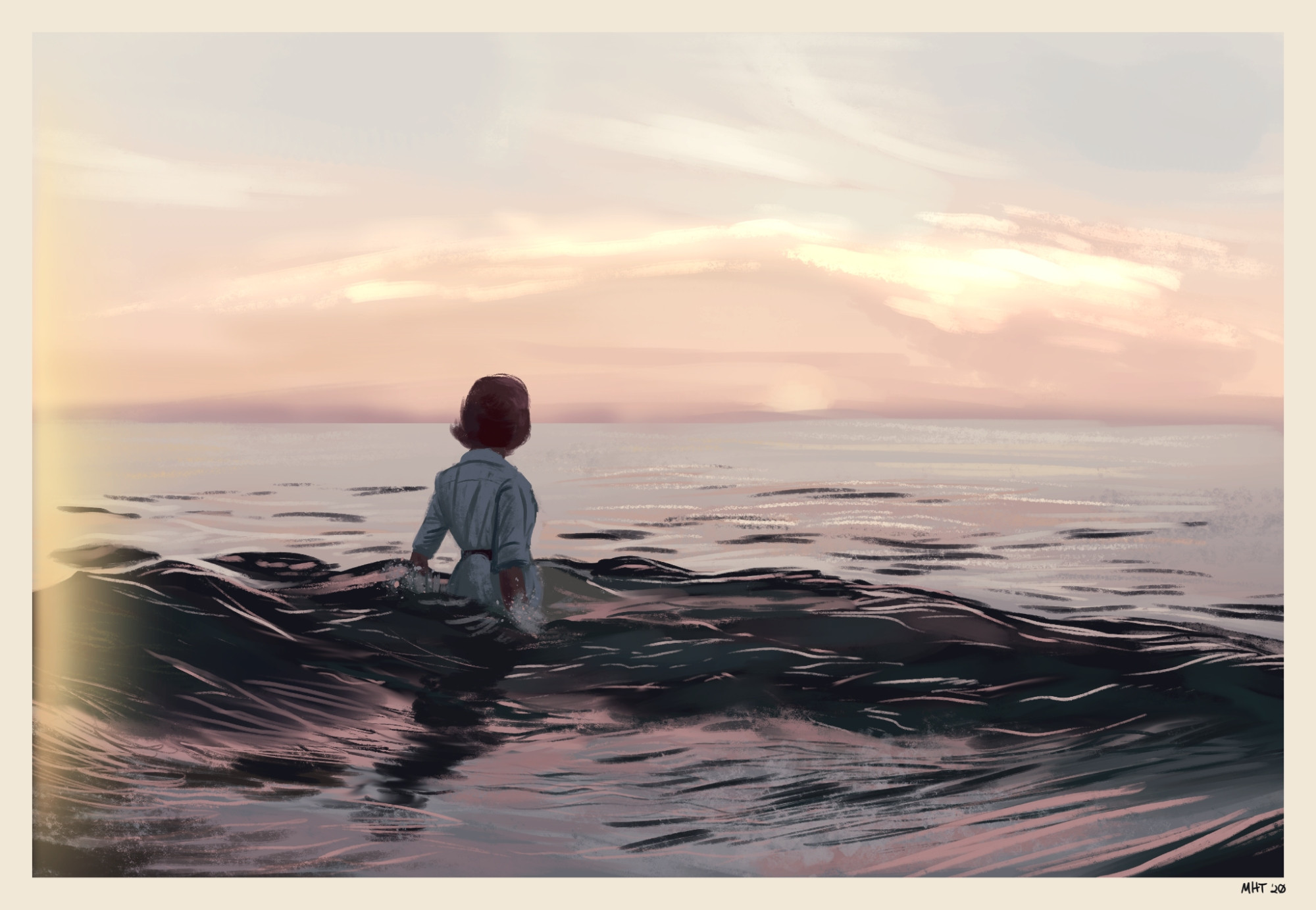 a digital painting (by me!) from a photo set of film transparencies that were found in a thrift shop in 2015 by Meagan Irene Abell. the photos depicted a woman in a light blue dress walking into the ocean at dusk (or possibly dawn) the most striking of which i found was her, waist deep in the tide, as a swell beguns to build up around her.

in 2022-2023 it was found that the photos were taken and intended as the album cover for Claudia Thompson's jazz album "Goodbye to Love" released in 1959. it should be noted that the woman in the surf is not in fact Claudia Thompson, a Black music artist who was not depicted on her own album cover.