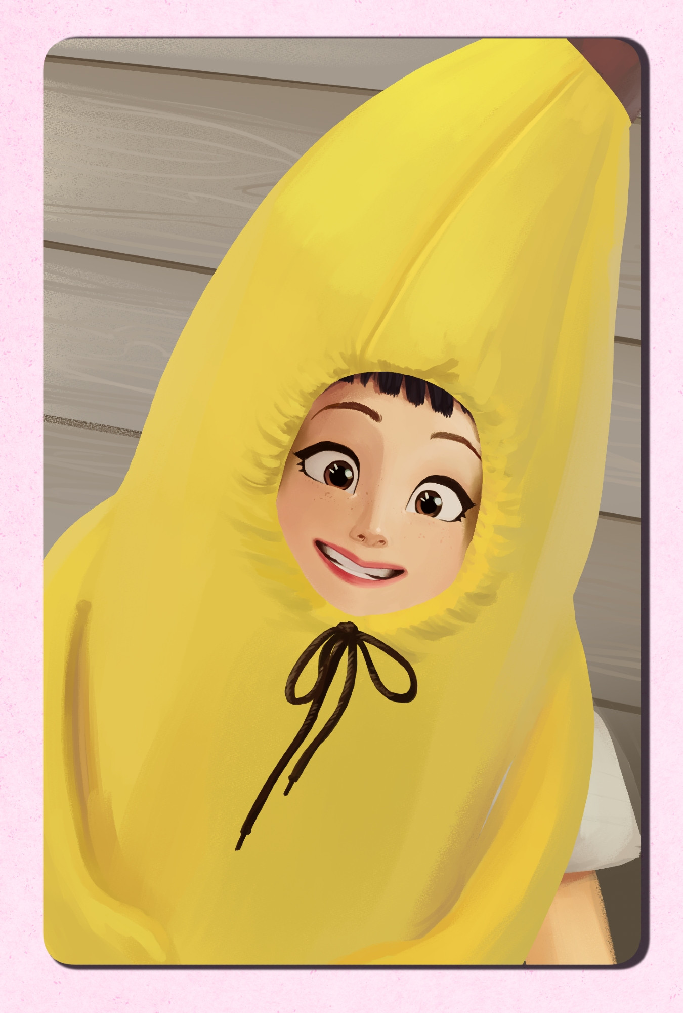 A small painting of Huntix's Zoey using a banana costume filter on her phone. The lighting of the banana costume filter is a little off because its a camera filter.
She's smiling and looking cute at the camera though.
Based on a similar banana filter costume photocard by EXO's Chanyeol.
