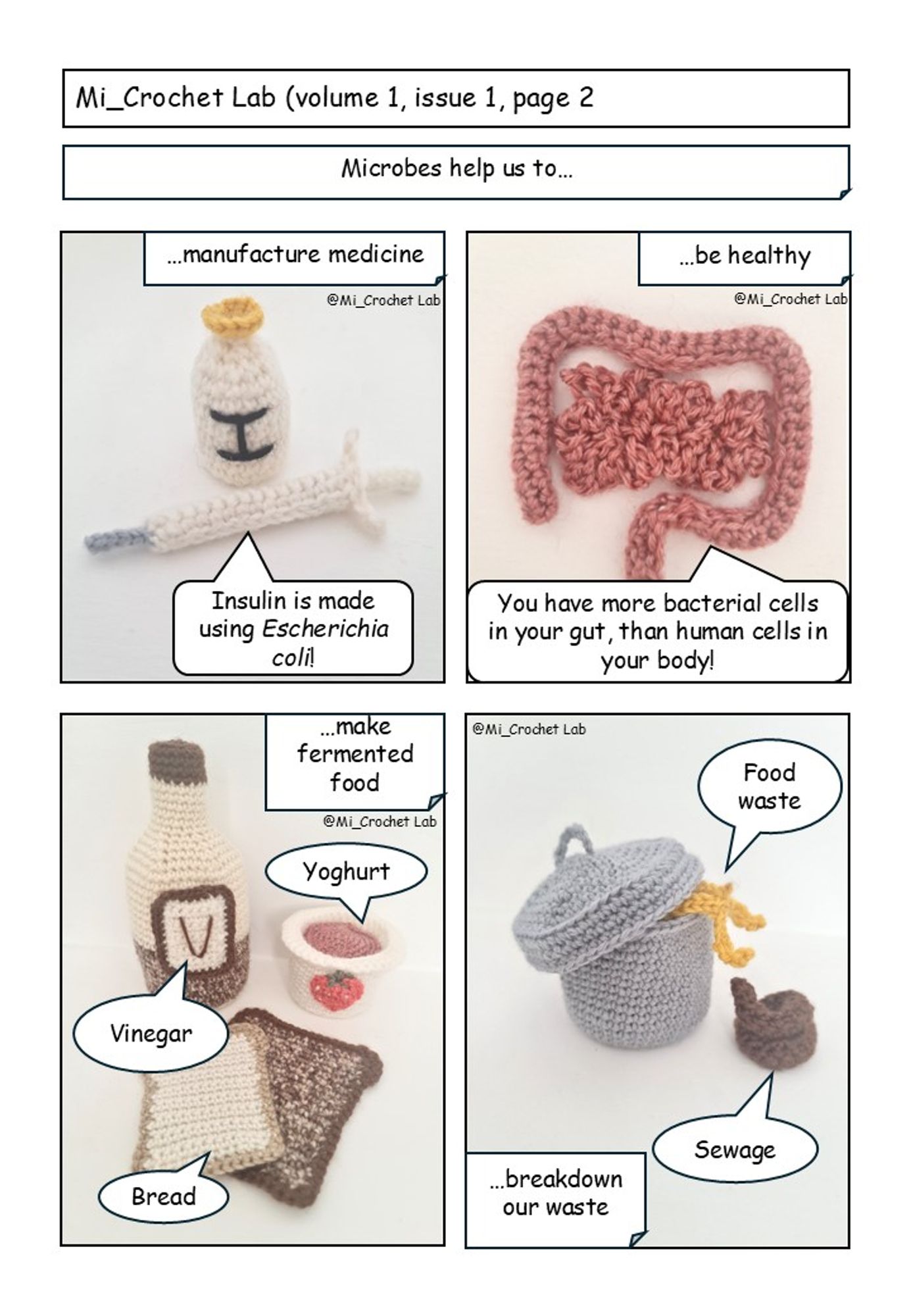 Mi_Crochet Lab. Volume 1. Issue 1. Page 2. Text above the photos states "Microbes help us to".
Image 1: A photo of crochet medicine bottle with the letter I on it to represent injectable insulin, and a crochet syringe. Text next to the photo states "manufacture medicine". A speech bubble pointing to the medicine states "Insulin is made using E. coli".
Image 2: A photo of crochet human large intestine. Text next to the photo states "be healthy". A speech bubble pointing to the intestines states "You have more bacterial cells in your gut than human cells in your body".
Image 3: A photo of crochet fermented foods including a bottle of vinegar, a strawberry yoghurt and two pieces of bread.  Text next to the photo states "make fermented food".
Image 4: A photo of crochet refuse bin with a banana skin lying on top, and a piece of poop next to it. Text next to the photo states "breakdown our waste".