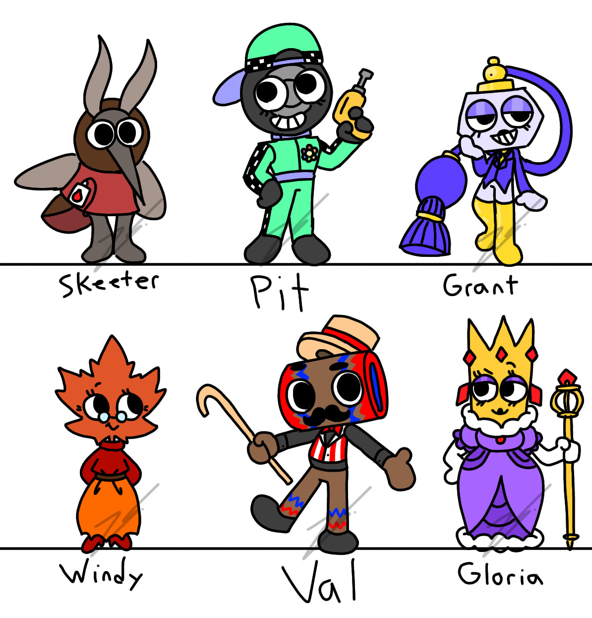 fanmade toon designs based on a mosquito, wheel, perfume bottle, fallen leaf, carnival mallet, and crown, respectively