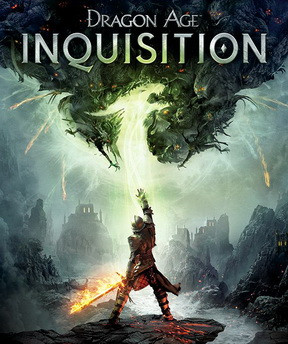 Key art from Dragon Age Inquisition - the inquisitor an androgynous hero lifting their arm to the sky - glowing green - and a horde of monsters collapsing from the sky 