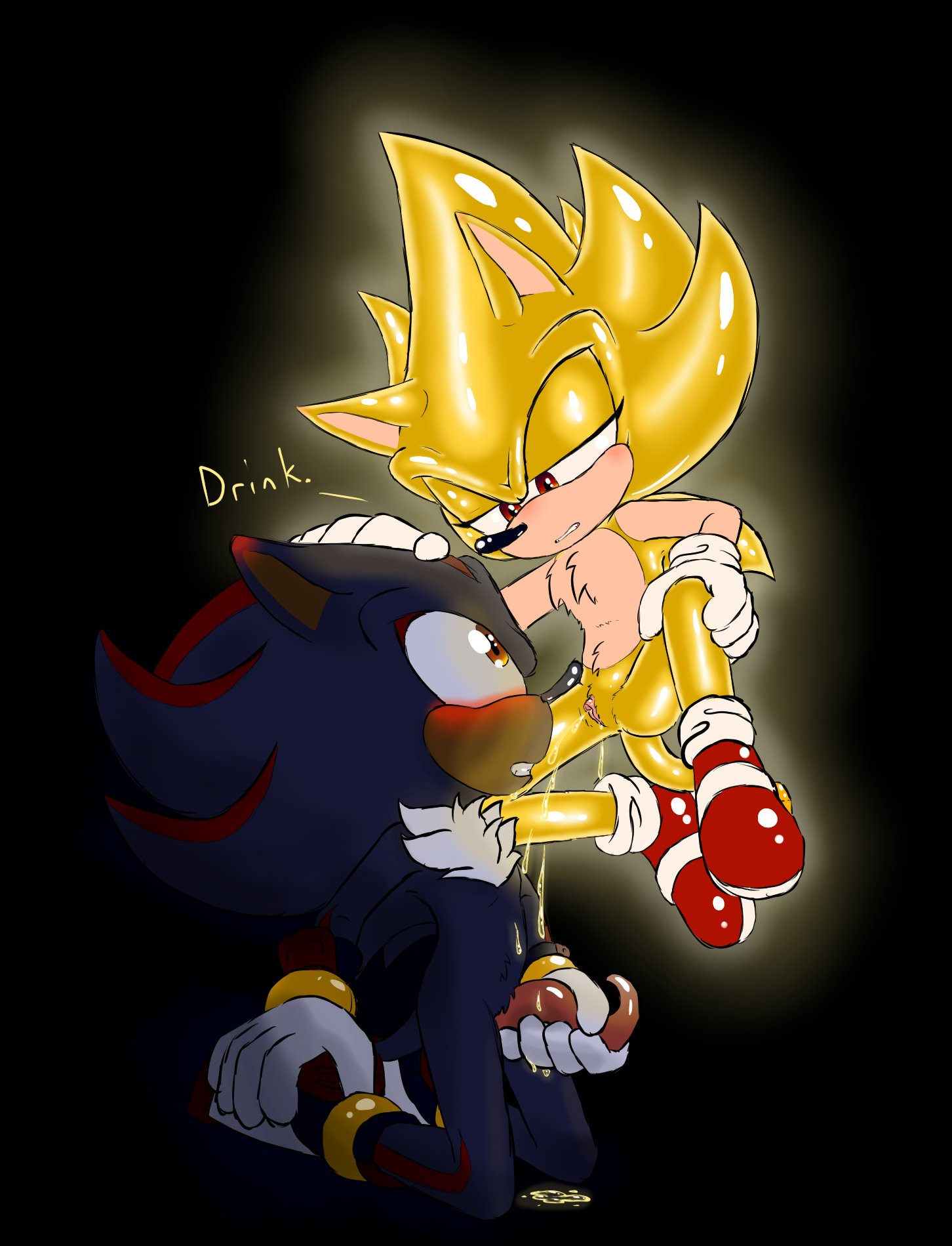 Drawing of Shadow kneeling below Super Sonic. Super Sonic is floating, one hand on Shadow's head and one on his own knee, peeing close to Shadow's face. His pee is landing on Shadow's dick, which Shadow is holding.
Shadow is looking up at Super Sonic with an awestruck expression, eyes wide. Super Sonic is looking down at Shadow with half-lidded eyes, and is commanding him, "drink".