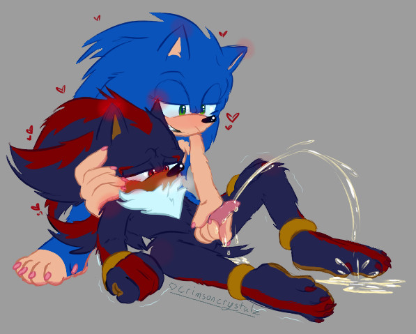 Drawing of Shadow reclined against Sonic's knee, with Sonic leaning in beside him to hold his dick, his other hand holding up Shadow's head. Shadow's legs are open wide, pee arching up and splashing at his feet. Sonic is grinning deviously, while Shadow has his face hidden halfway in his chest fur, brows furrowed, looking very adorably bashful.