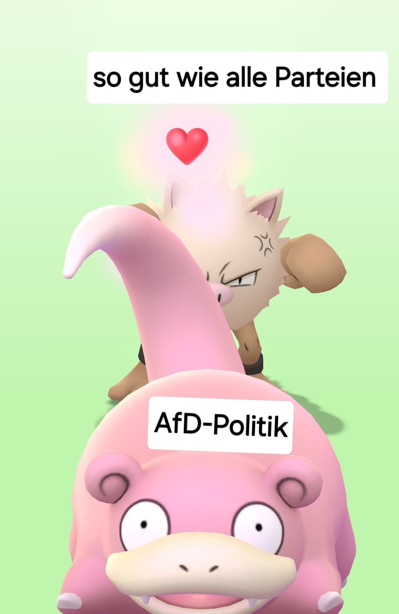 Ein Flegmon (dieses pummelige pinke Pokémon mit Schwanz) grinst in die Kamera. Hinter ihm steht ein Menki (dieses hellbraune Pokémon mit den Boxhandschuhen) und es sieht so aus als kriecht es dem Flegmon in den Hintern. Über dem Menki ist ein rotes Herz. Das Flegmon ist mit AfD-Politik beschriftet, das Menki mit "so gut wie alle Parteien"