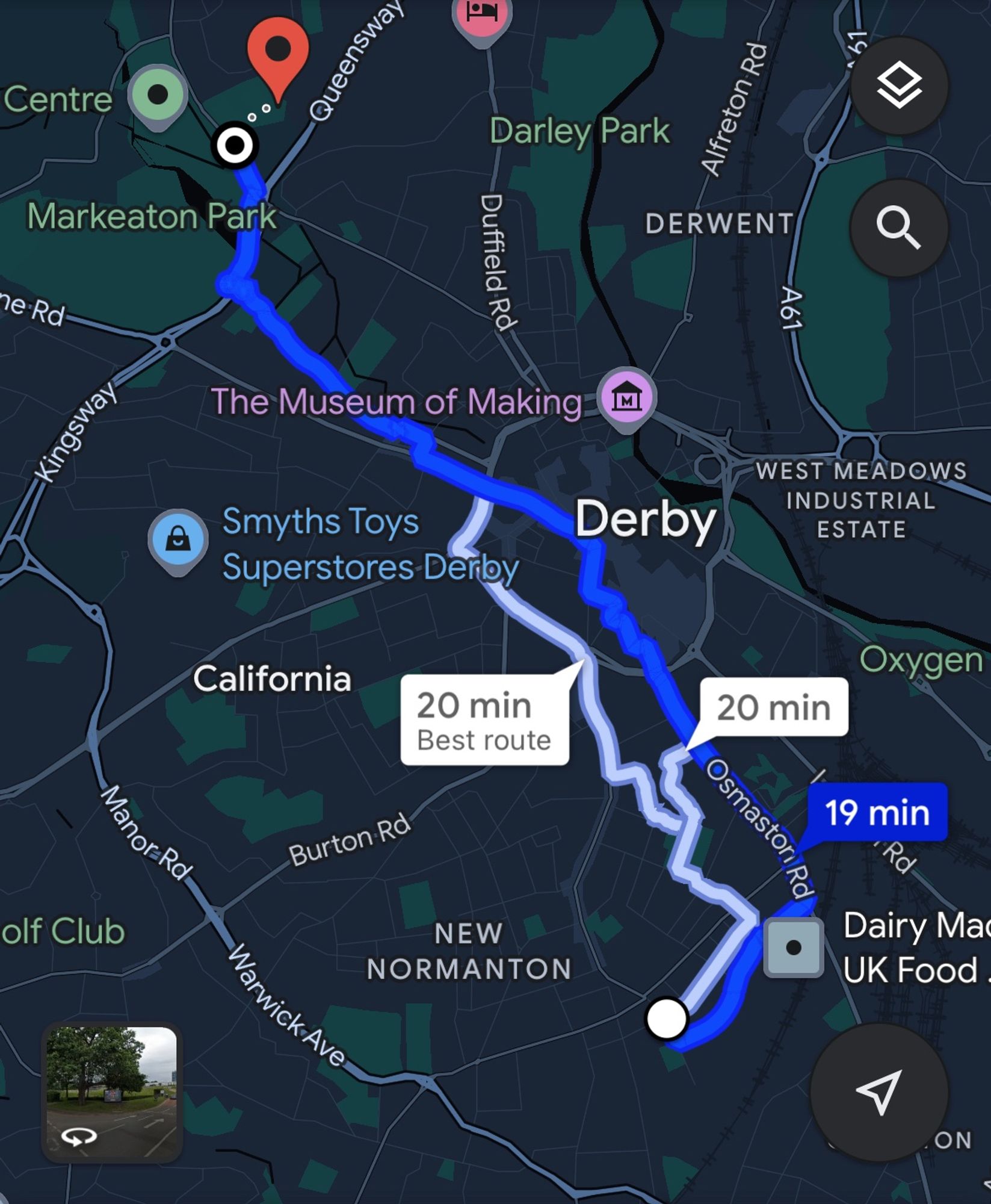 Google maps route through Derby, UK.