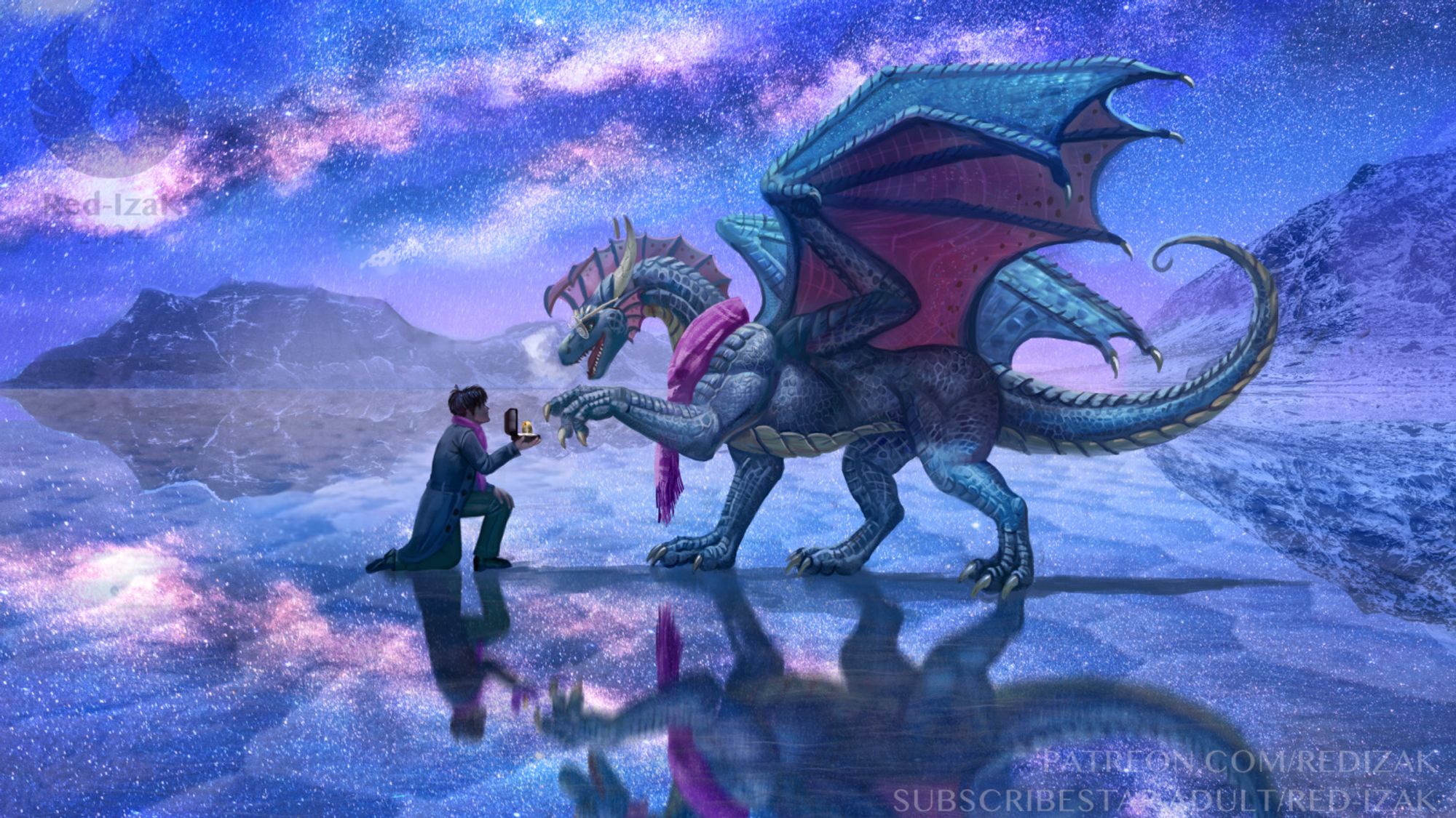 A man proposes to his dragon boyfriend under the stars