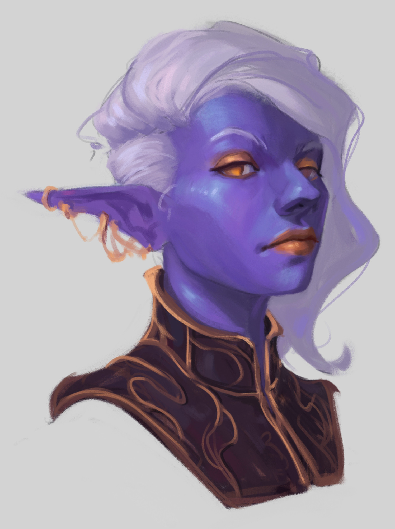 A digital portrait of a female drow. Her skin is mostly blue, with subtle purple hues thrown around. She is wearing golden makeup and nearly excessive golden jewelry. Around her neck is an intricate black and gold gorget. Her wavy white hear is flowing freely over one side of her face, while the other side is styled closely to the skin. One of her eyebrows is arched.
She looks tired and unimpressed.