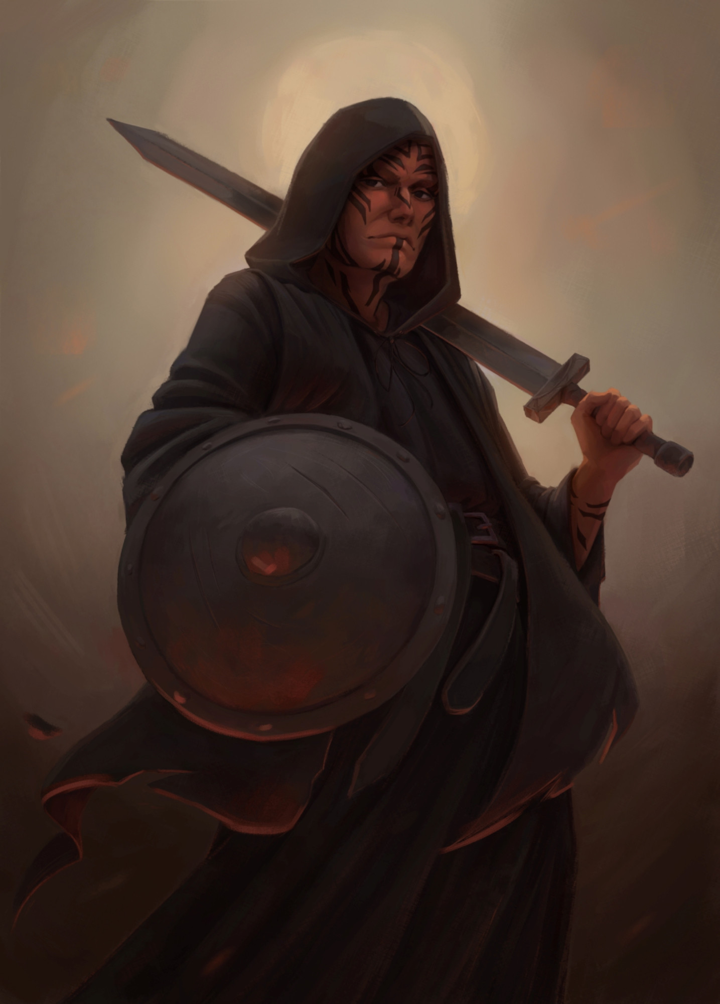 A digital painting of an Aasimar Cleric. The Aasimar is a man with red skin, which is adorned with numerous tattoos, mostly visible on his face. He is dressed in formless clothing that hides his body entirely. He is wielding a simple longsword and a metal buckler. He is backlit by the sun, which forms a subtle halo behind his head. Fire is implied to be burning out of frame, just below the figure.