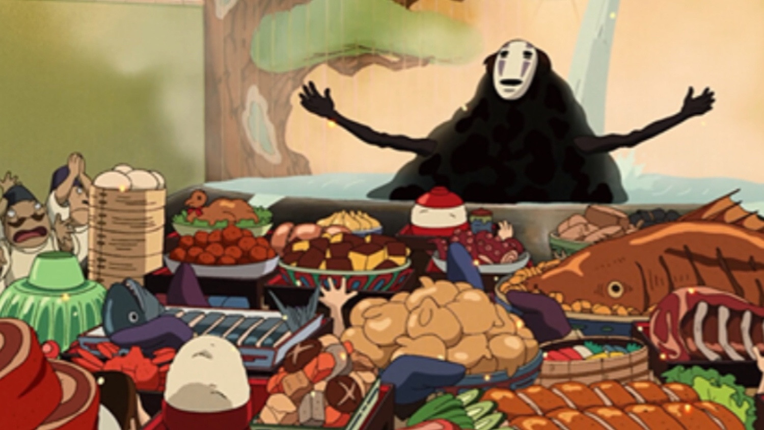 No Face in SPIRITED AWAY with a gluttonous feast stretched out before him in the bathhouse.