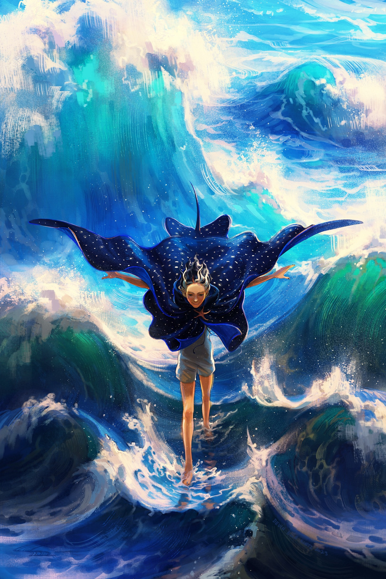 A girl in a manta ray shaped cape walks across the surface of a choppy ocean. The cape is in the shape and pattern of a spotted eagle ray. The girl has pale skin, black and white hair, and white shorts. Her arms are thrown wide. The colors are all blues and cyans
