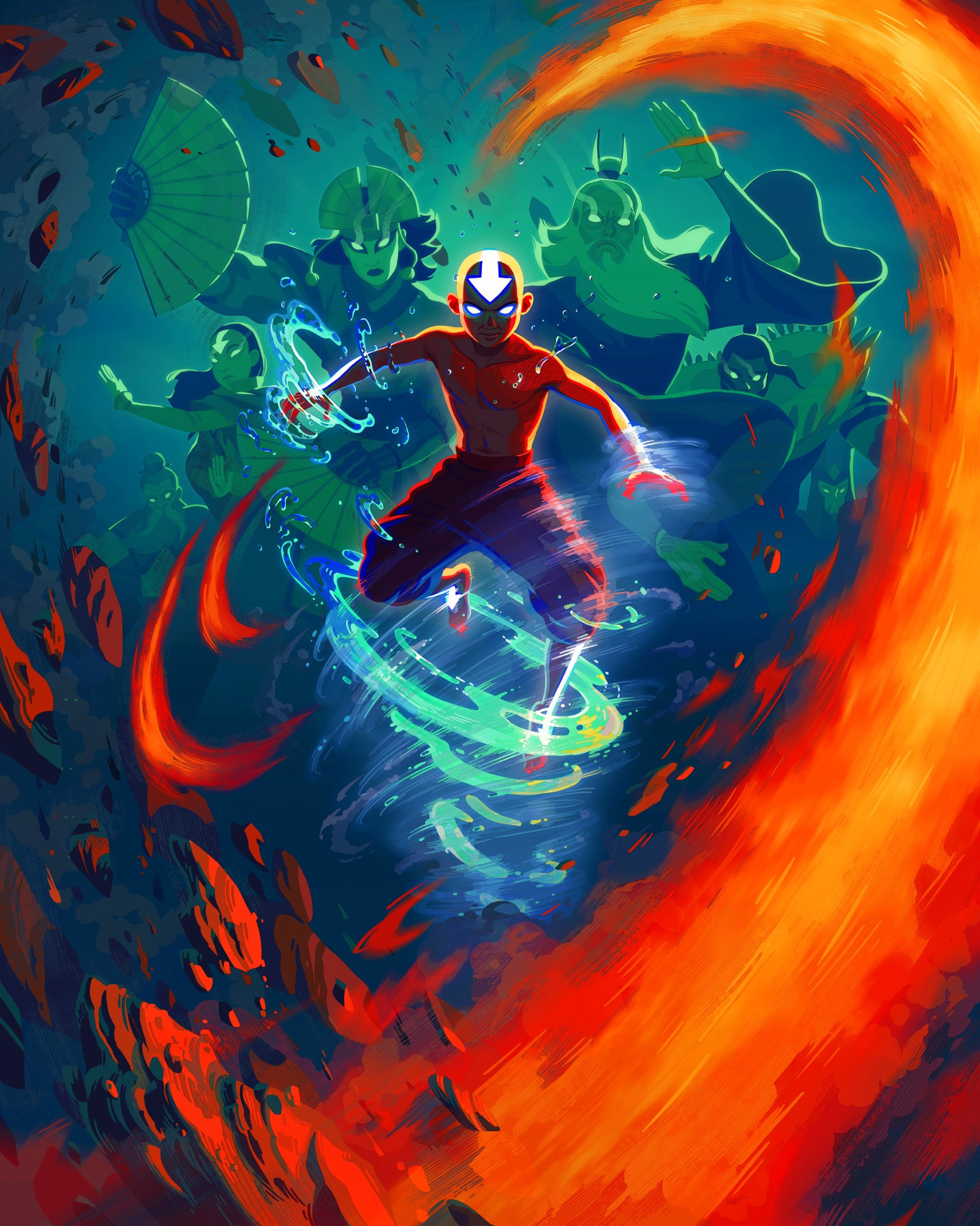 In this piece of digitally painted "Avatar the Last Airbender" fanart, we see Aang in the Avatar State. Aang is hovering in the air in a whirl of waterbending and airbending, bathed in warm light from firebending to his left, which also lights up the rocks being hurled by earthbending on his right. Behind him, in greens and blues, we see the past Avatars: Roku, Kyoshi, Yangchen, Kuruk, and more. The colors overall are cyan and orange. Aang is menacing, with glowing eyes.