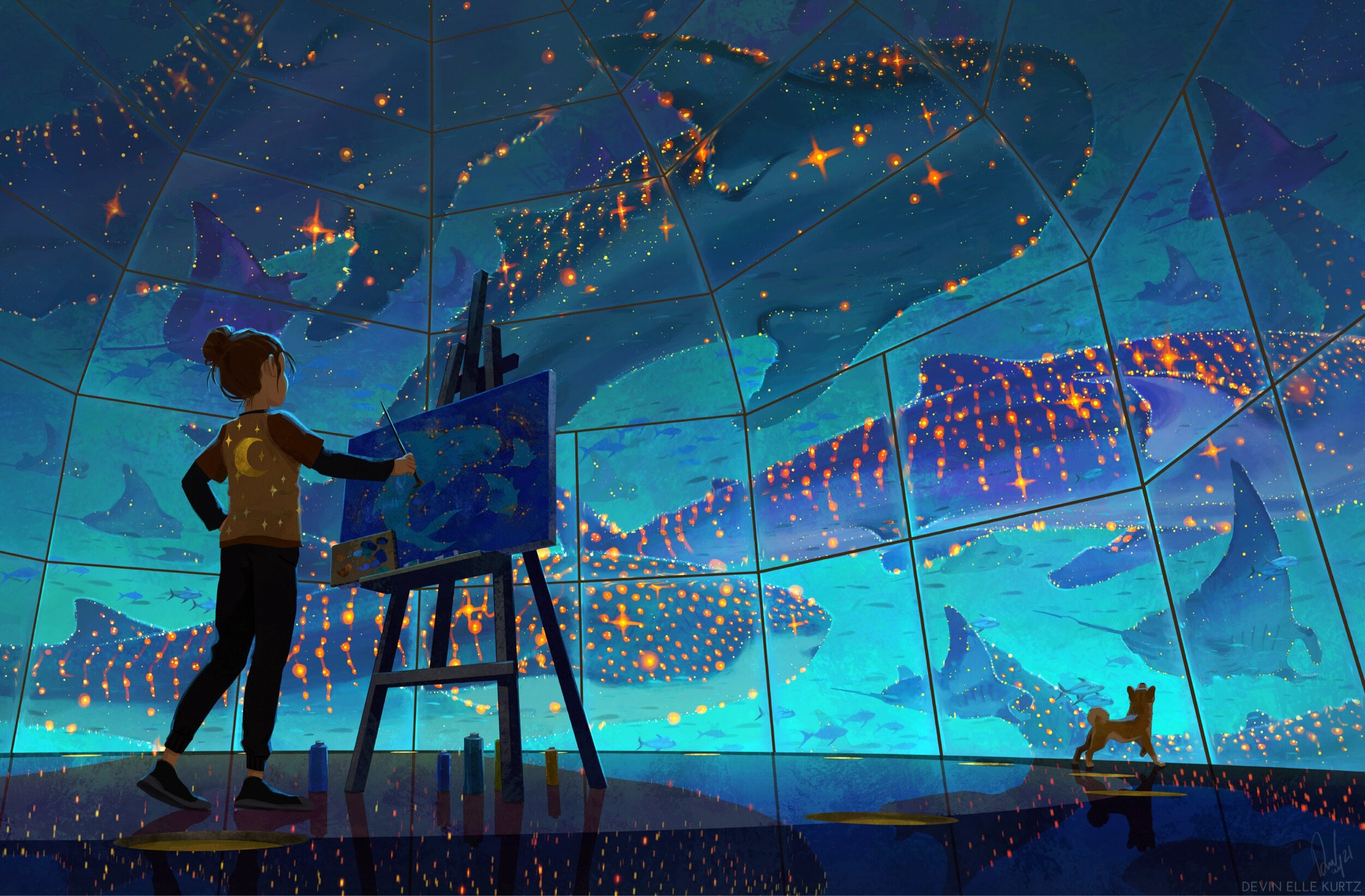 A digital painting of a girl standing in an observatory room, with starry whale sharks out the window, painting them on a canvas. A little dog stares up at the sky whales on the right. 