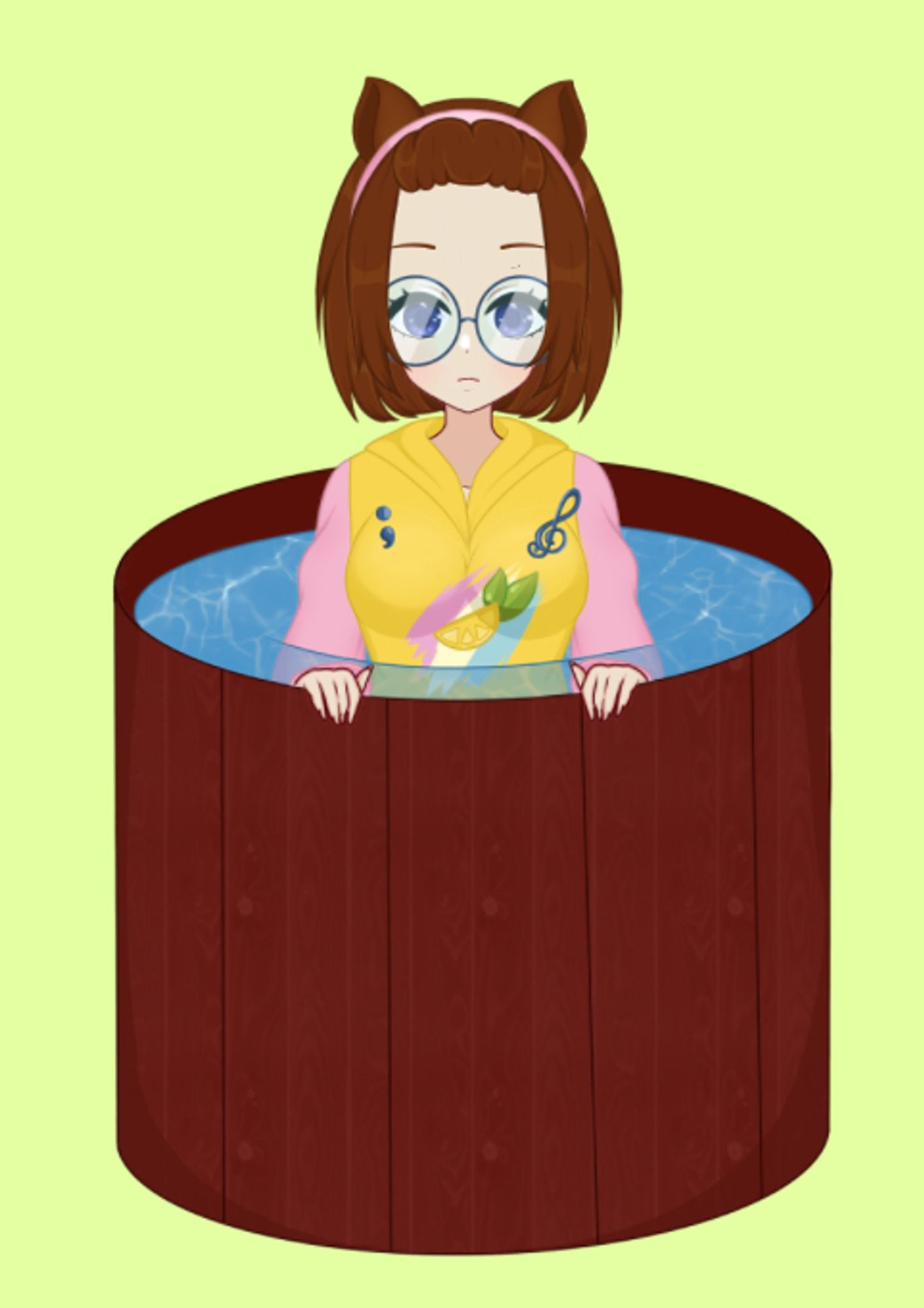 Yuzu's current model, a capybaragirl in a hoodie in a tub