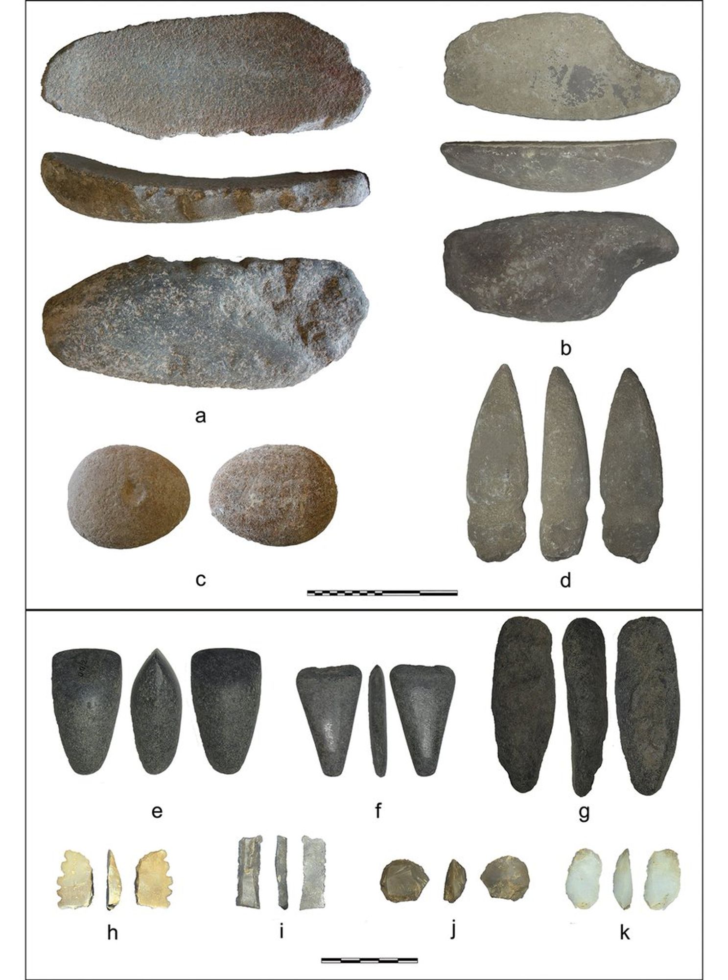 Stone tools from Oued Beht: a & b) lower grinding stones; c) upper grinder reused as anvil (pierre à cupule); d) pick (pièce à gorge); e & f) polished axes; g) axe/adze preform; h) serrated sickle element; i) rectilinear sickle element; j) circular endscraper; k) product from bipolar percussion (a & c = Aït Siberne authority office; b, d–f = Rabat Museum; g-k = OBAP 2022 survey. Scale bar: a–d = 200mm; e–k = 50mm) (photographs by Lorena Lombardi & Moad Radi).