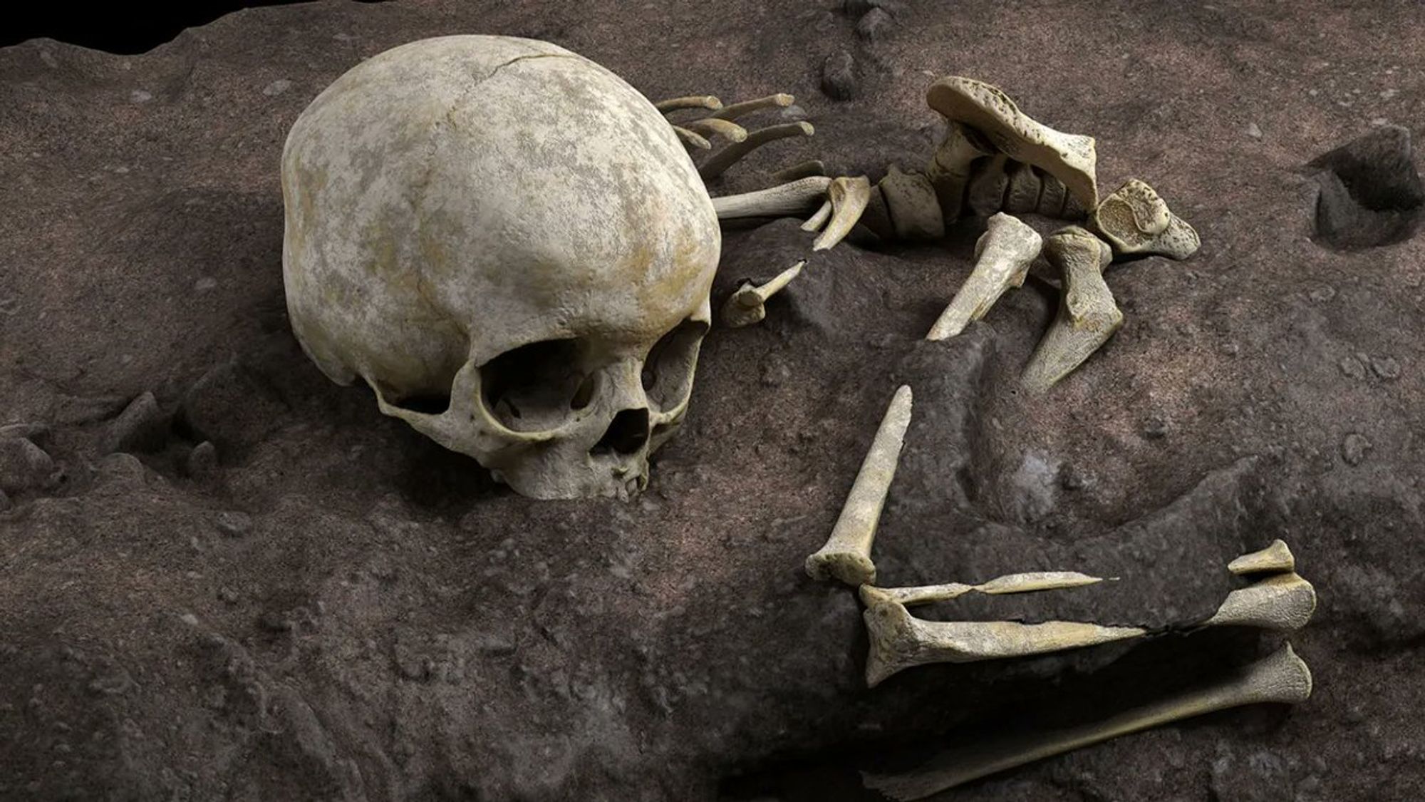 This virtual reconstruction shows the original position of a child’s bones in a Kenyan grave dug around 78,300 years ago, making it Africa’s oldest known human interment.
Jorge González, Elena Santos