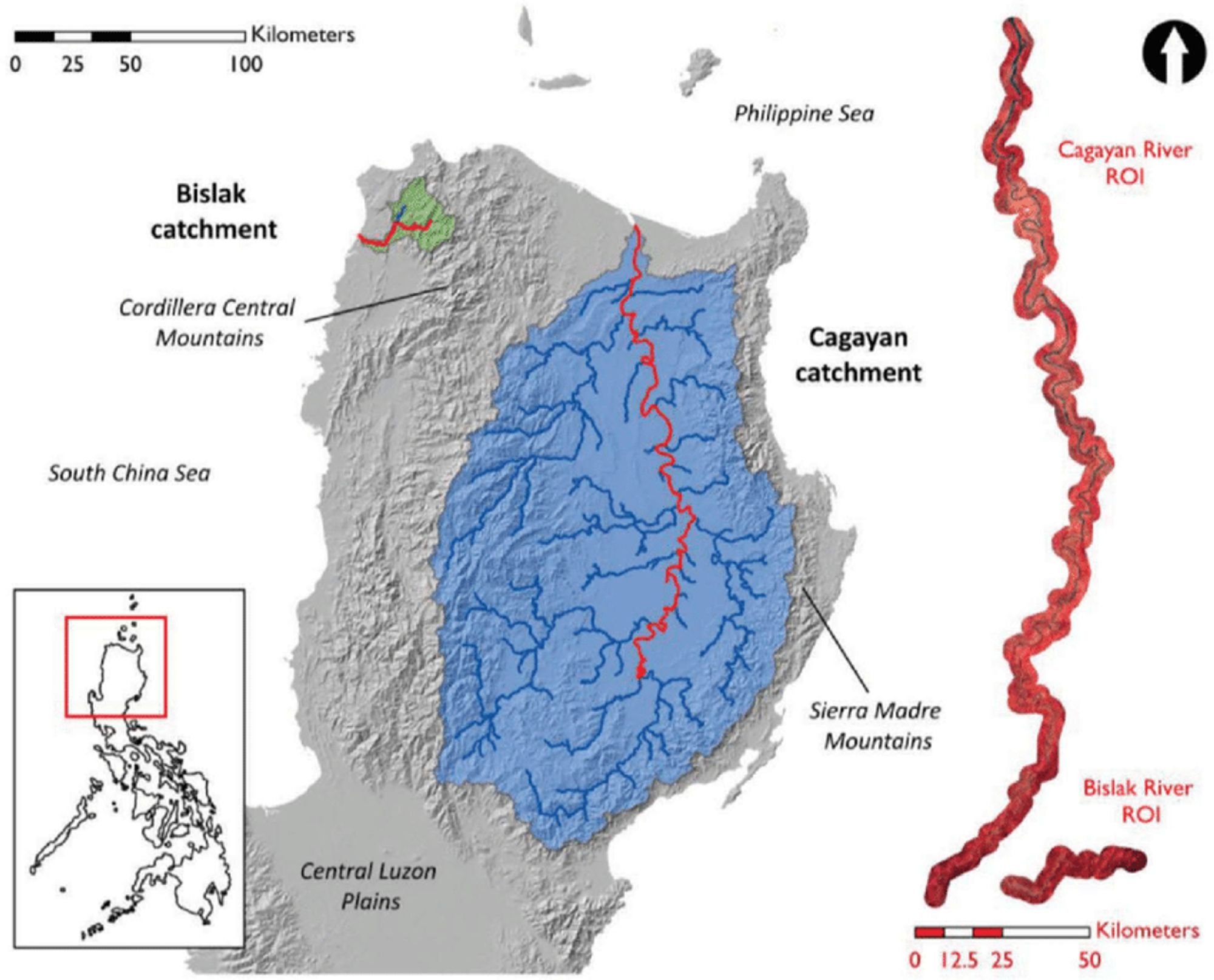 Overview map of the Bislak and Cagayan catchments on Luzon Island (Philippines).