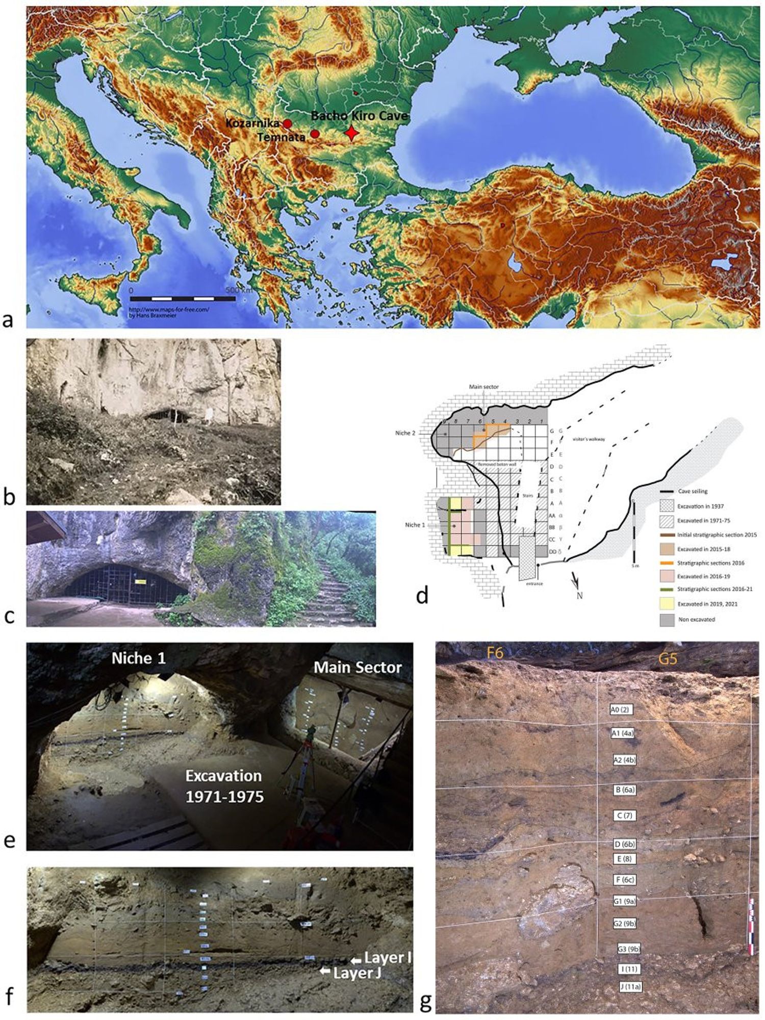 Location of the cave and the excavated area.
a. Map with location of Bacho Kiro Cave, and the mentioned Temnata and Kozarnika caves (T. Tsanova); b. The cave entrance in 1938 (R. Popov and D. Garrod excavation); c. The entrance of Bacho Kiro Cave today (V. Aldeias); d. Site plan and excavation grid showing previous excavations and excavated areas from 2015 to 2021 (V. Aldeias, modified T. Tsanova); e. View to the excavation sectors (Sh. McPherron); f. Niche 1 with location of layers I and J (Sh. McPherron); g. The Main Sector initial stratigraphic section in 2015 with indicated layers and the corresponding layers from 1971–1975 excavations (T. Tsanova).