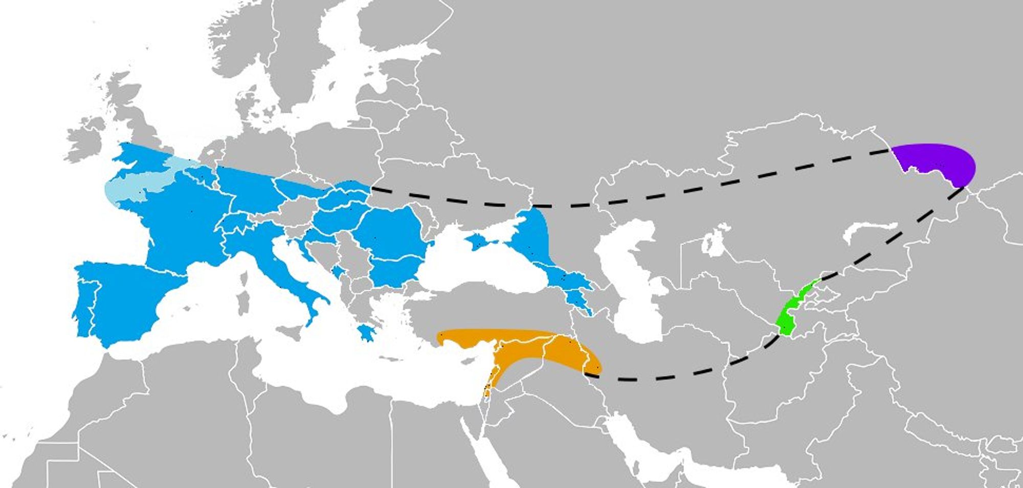 Map created by Nilenbert, Nicolas Perrault III
The map above shows where Neanderthals bones have been found. The map’s author states that: “Known Neanderthal range in Europe (blue), Southwest Asia (orange), Uzbekistan (green), and the Altai mountains (violet), as inferred by their skeletal remains (not stone tools).”