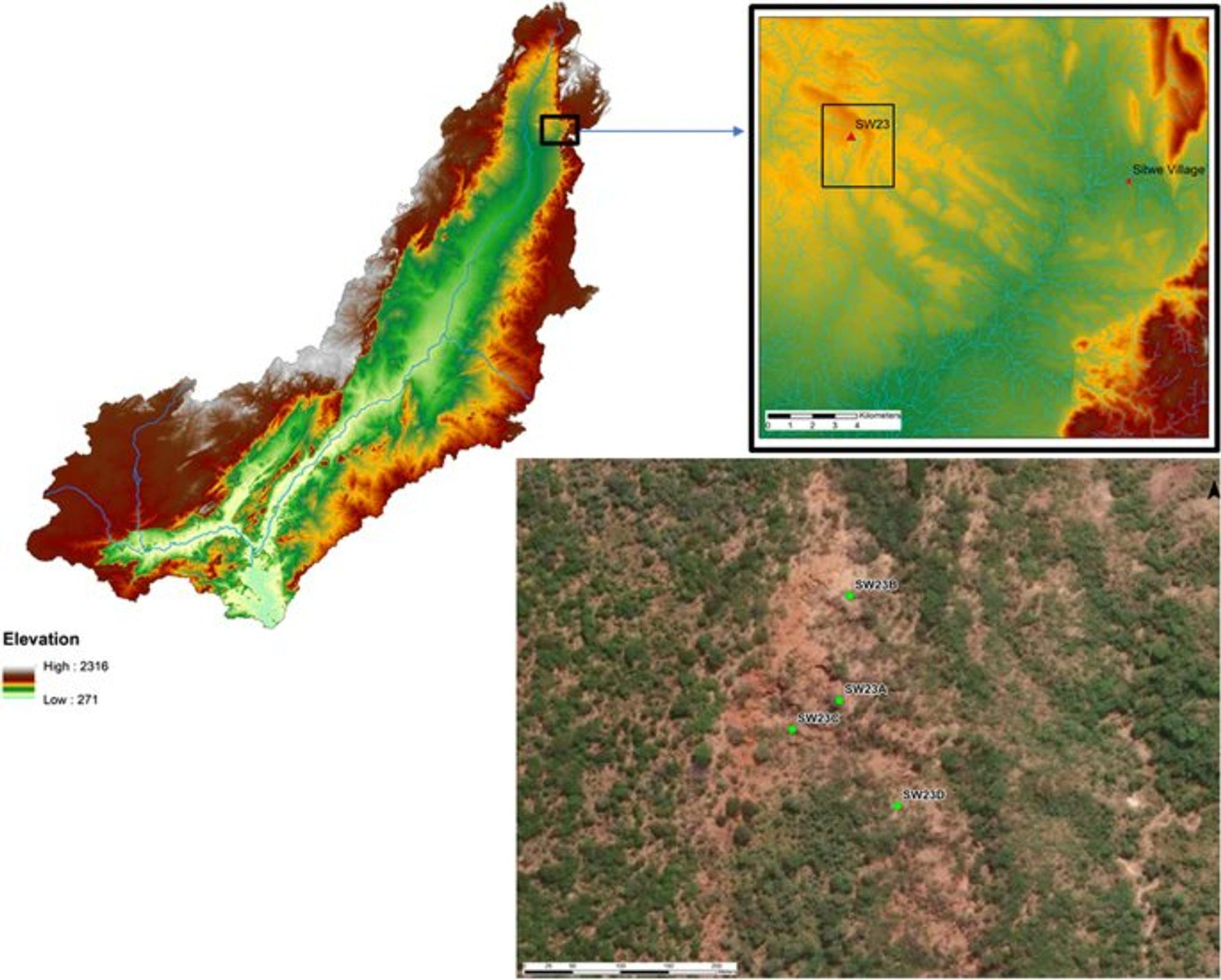 The Sitwe 23 research area. Left is an elevation profile of the Luangwa River Basin showing the research area to be in the northeastern margin of the basin. Upper right is the locality relative to Sitwe Village and the Mafinga Hills northeast of the village. Bottom right is the SW23 locality with the placement of SW23A–D (image from Google Earth Pro V.7.3.6.9345/January 3, 2023 © 2023 Airbus)