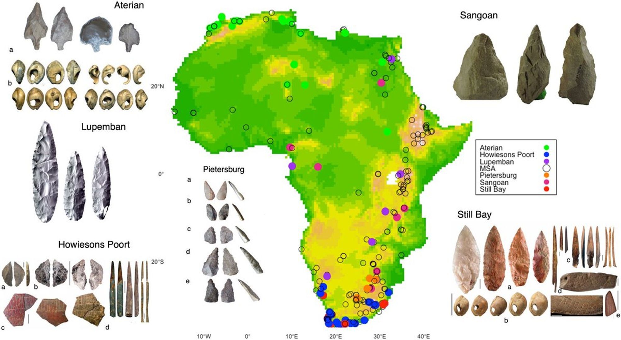 Map illustrating the distribution of ‘generic’ (black hollow circles) and ‘specific’ (coloured circles) Middle Stone Age (MSA) sites from the ‘ROCEEH – Out of Africa database’ (www.roceeh.net) (Kandel et al. Citation2023).