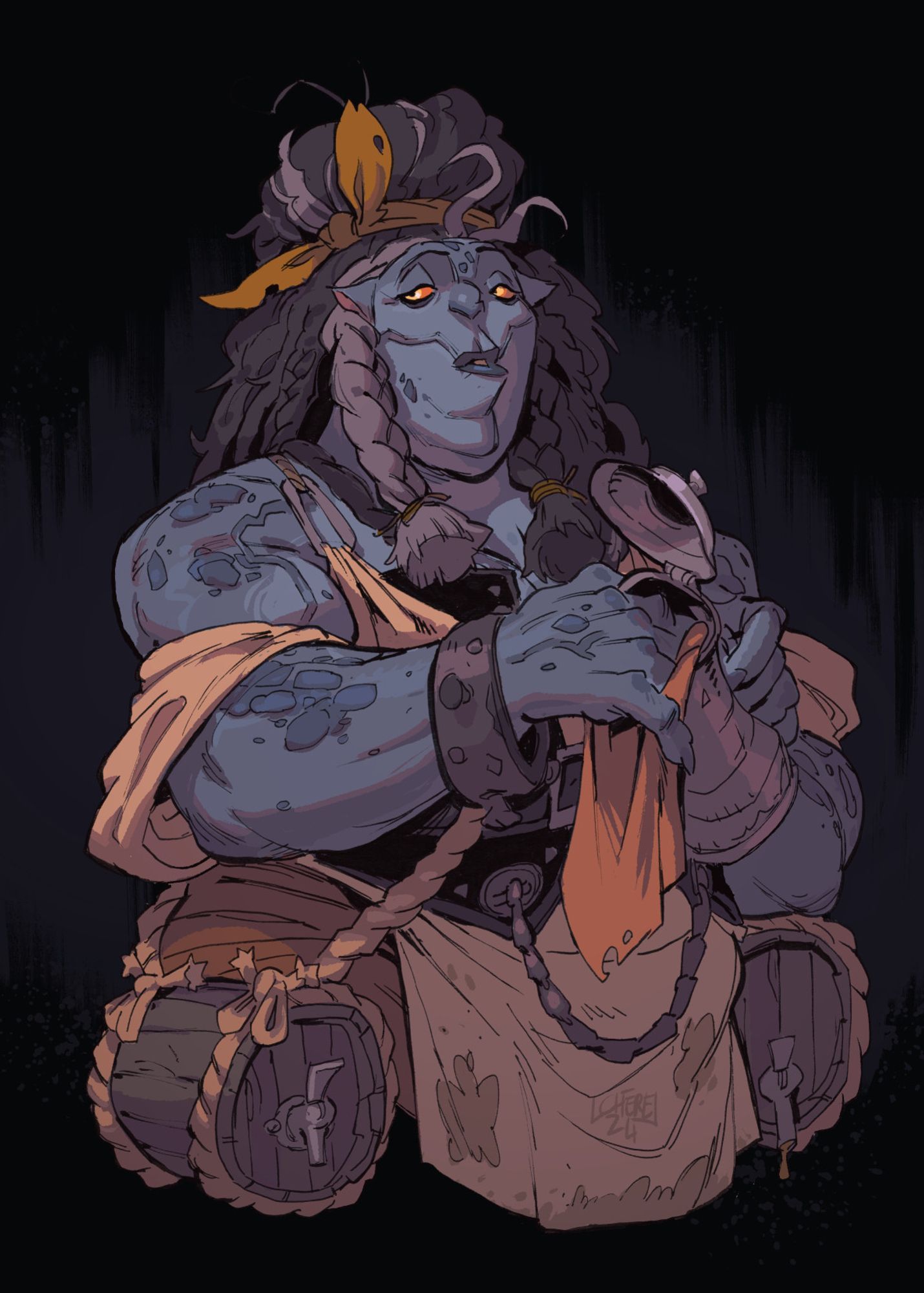 Portrait of an orc bartender cleaning a mug with a weary look on her face.