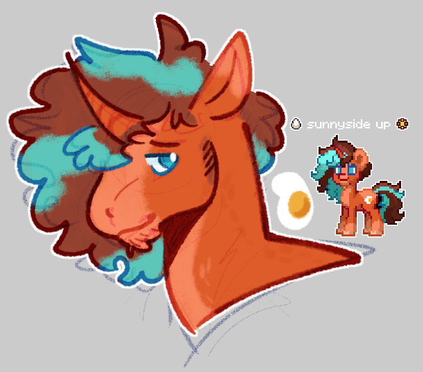 A bust of Sunnyside Up (he/him), a My Little Pony styled unicorn. He is orange with appaloosa markings, with a brown/teal mane and teal eyes. He has light facial hair. His cutie mark is an egg over easy. In the corner there is a Pony Town sprite of him.