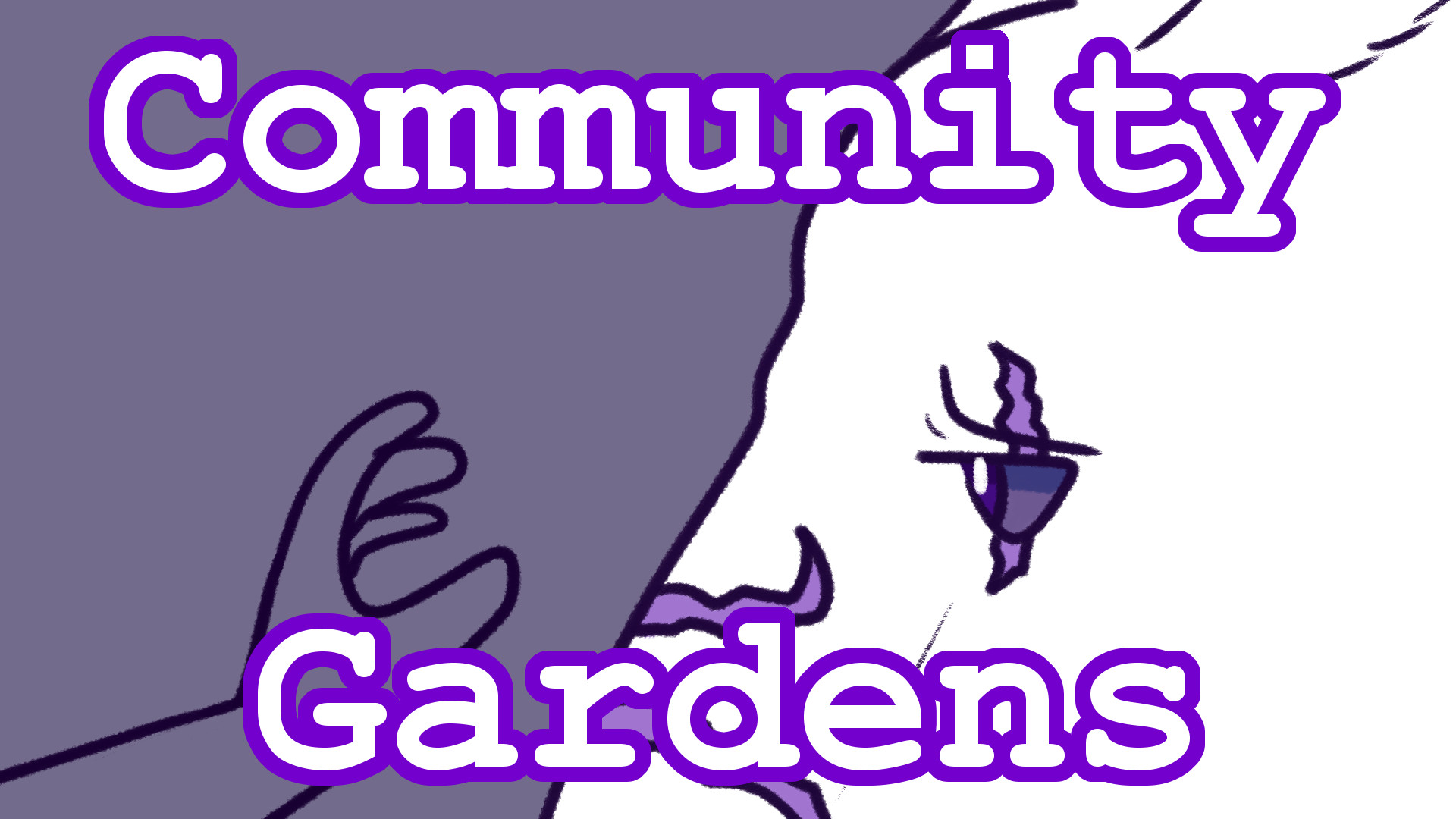 A thumbnail showing a hand (Avrage's) reaching out to touch Rue's face. Rue is a kangaroo lusus with scarring on the face. Text overlaid on the image says "Community Gardens."