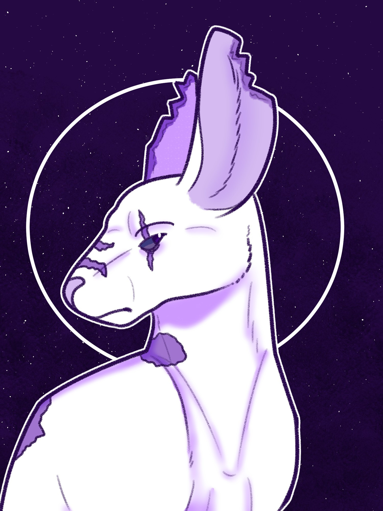 A shoulders-up bust of Rue, a purple/lavender colored kangaroo lusus. She is pure white and has no markings. Both ears are torn up and scarred. She has two scars across the muzzle, one over the eye, and scarring on the neck and back. There is a starry effect and a white circle halo behind her.