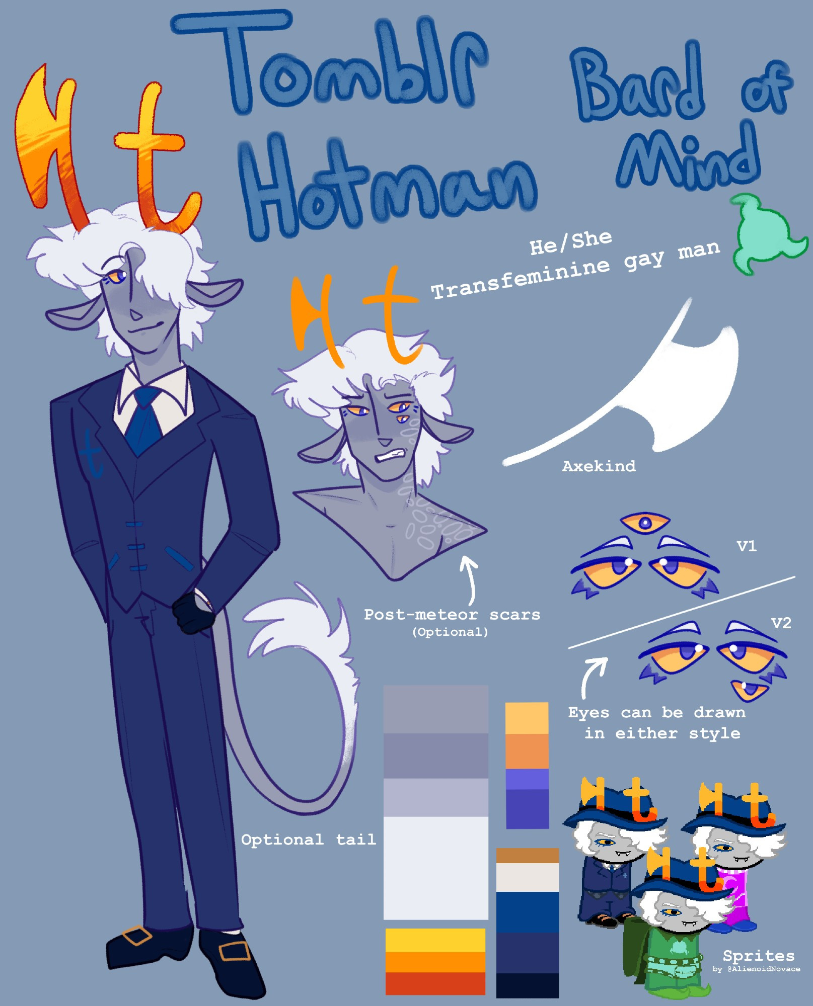 A reference sheet for a fantroll named Tomblr Hotman (he/she), a cerulean Bard of Mind with white hair, a tail, and three eyes. His right horn is shaped like an axe, and the left like a lowercase t. There are three Homestuck style sprites made by AlienoidNovace in the corner which show his normal outfit, godtier, and Derse dreamer clothing.