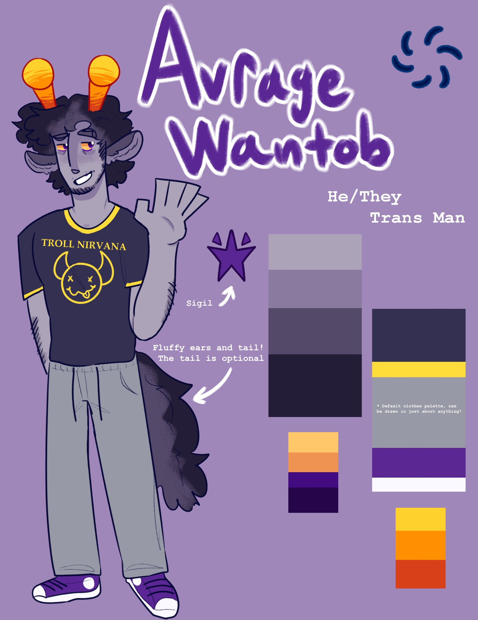 A reference sheet for Avrage Wantob (he/they), a purple fantroll with facial hair and a fluffy tail. He is a Void player and wearing a Troll Nirvana shirt.