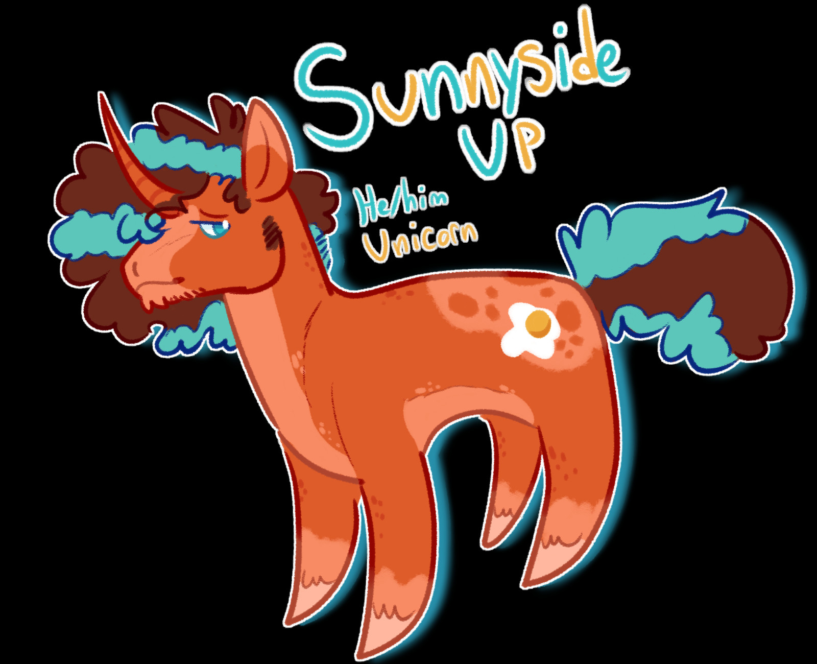 A reference sheet of Sunnyside Up (he/him), a My Little Pony styled unicorn. He is orange with appaloosa markings, with a brown/teal mane and teal eyes. He has light facial hair. His cutie mark is an egg over easy.