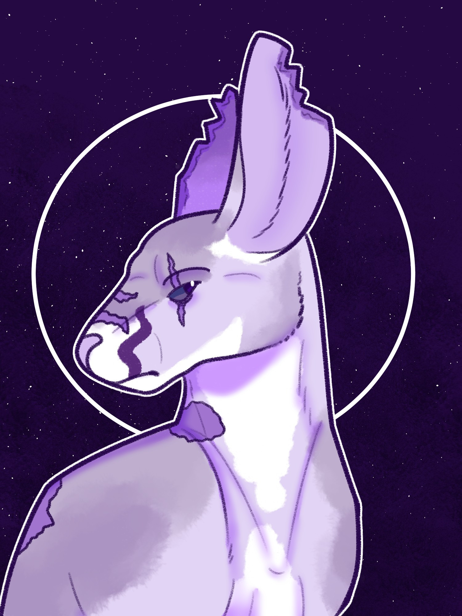 A shoulders-up bust of Rue, a purple/lavender colored kangaroo lusus. Her markings are similar to that of female red kangaroos. Both ears are torn up and scarred. She has two scars across the muzzle, one over the eye, and scarring on the neck and back. There is a starry effect and a white circle halo behind her.