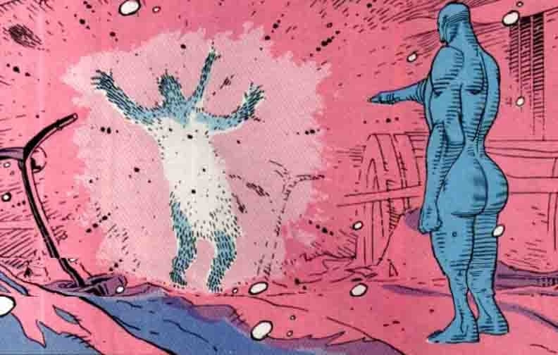 the original version of Dr Manhattan vaporizing Rorschach with his big dumpy intact