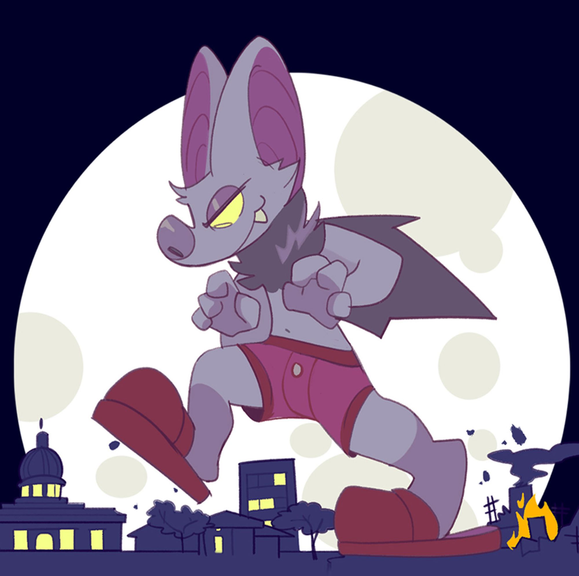 big bat stomping on a city