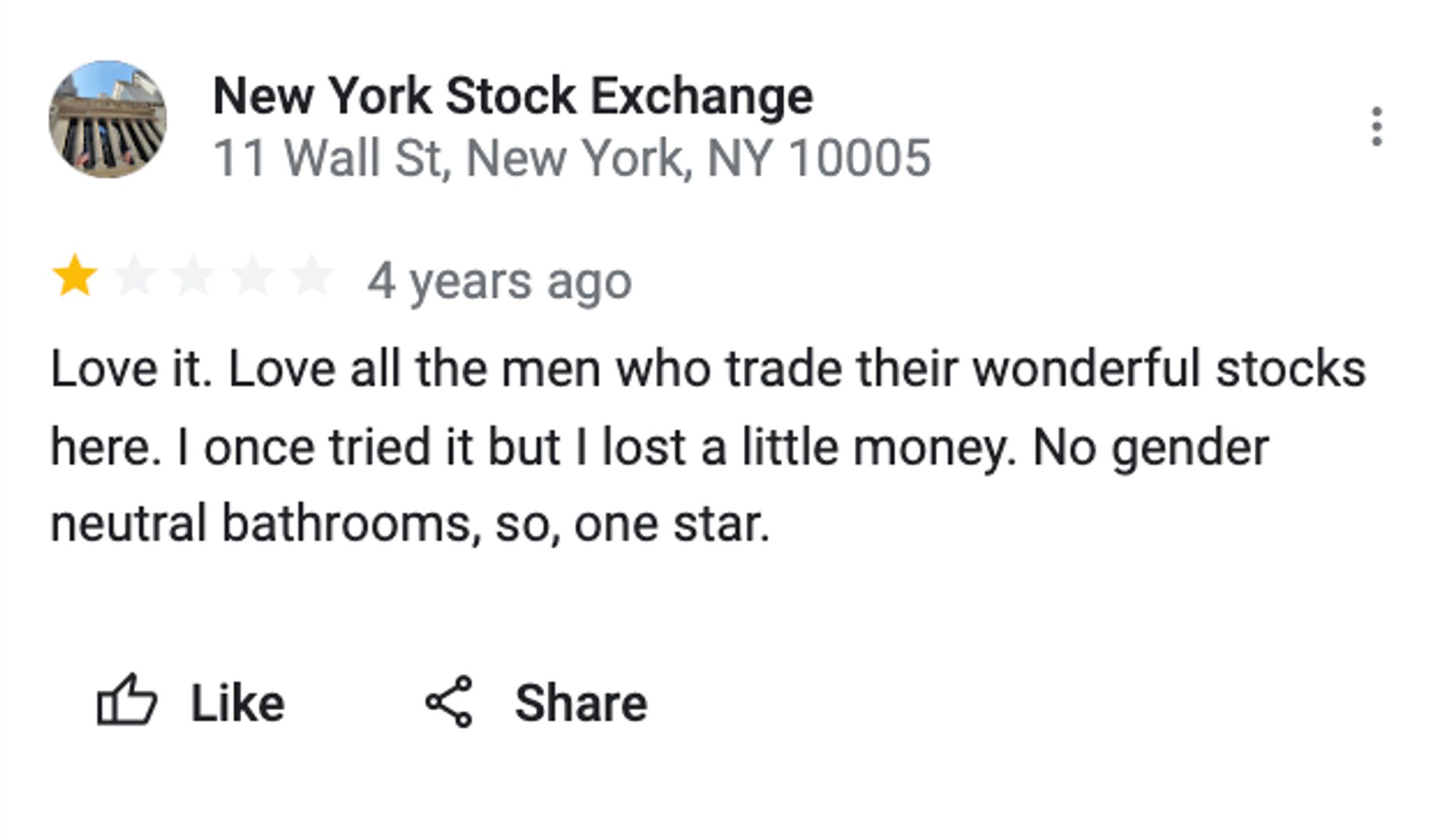 New York Stock Exchange
11 Wall St, New York, NY 10005






4 years ago
Love it. Love all the men who trade their wonderful stocks here. I once tried it but I lost a little money. No gender neutral bathrooms, so, one star.