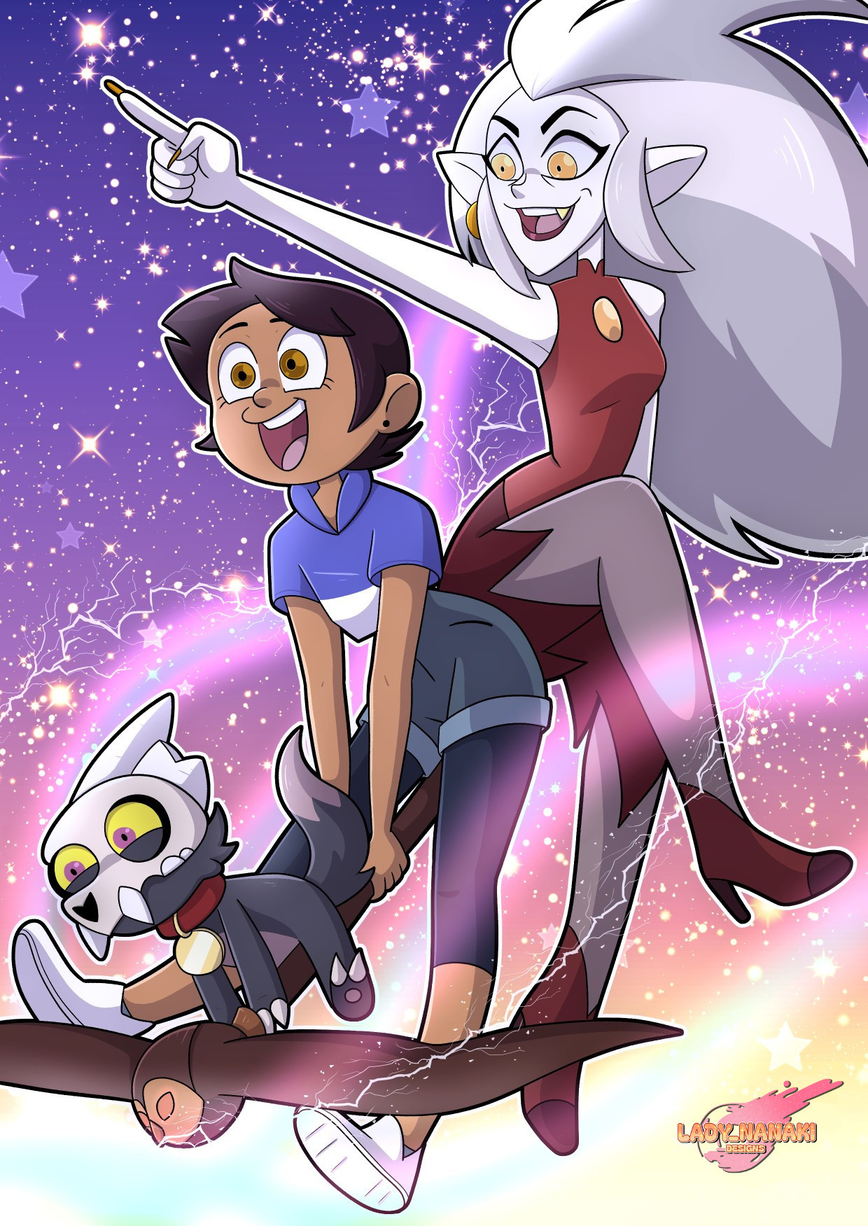 Luz, Ida and King from The Owl House, riding Ida's staff over a backdrop of stars