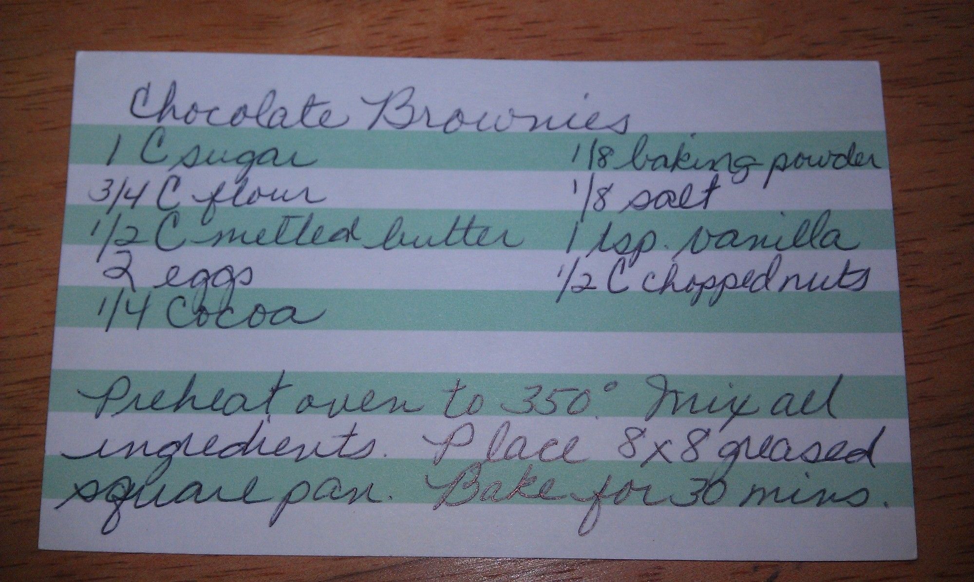 Photo is of an index card with the recipe written on it