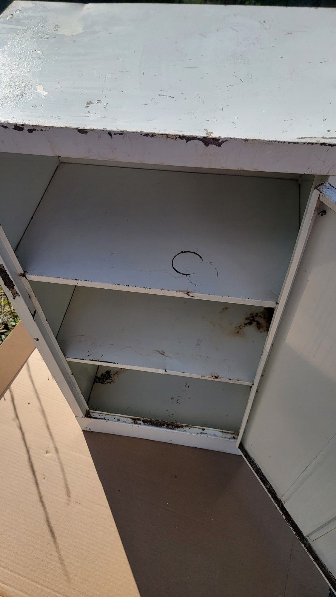 A metal cabinet painted white, looking a little worse for wear. There are 2 shelves on the inside. (3 storage spaces)