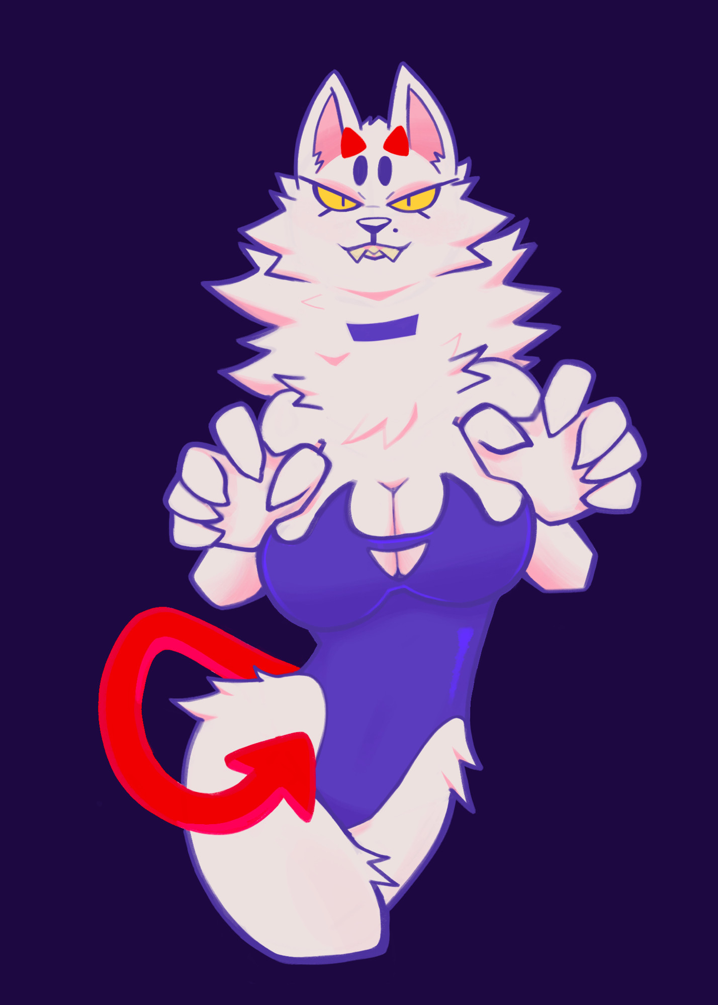 White wolf in a purple onsie with big boobs. Adorned with two little red horns and a red imp tail. Looking at the viewer and making grabby hands at them.